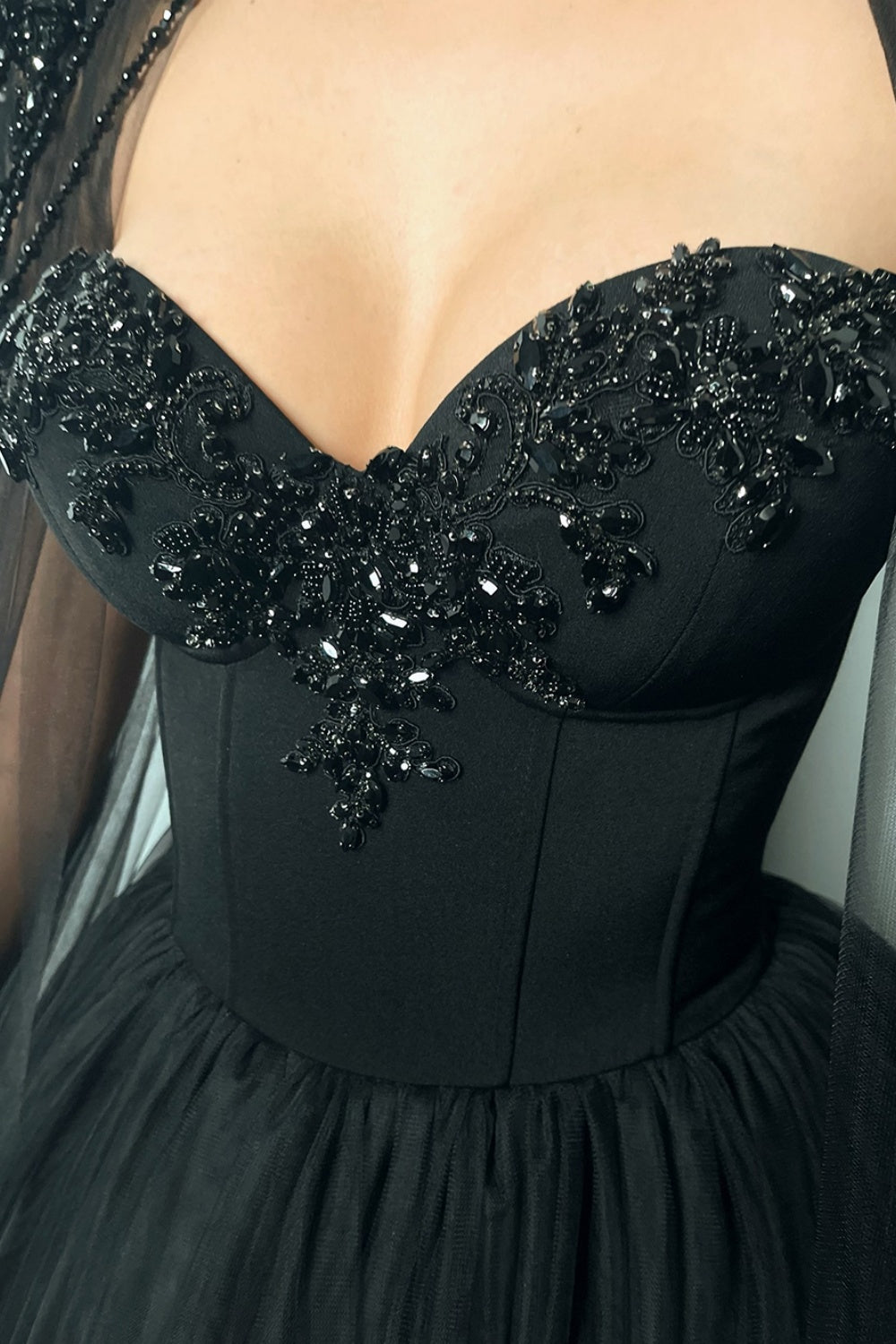 Black Beaded Strapless Detachable Capelet Ball Gown Wedding Dress SW564 Sheer Fairy