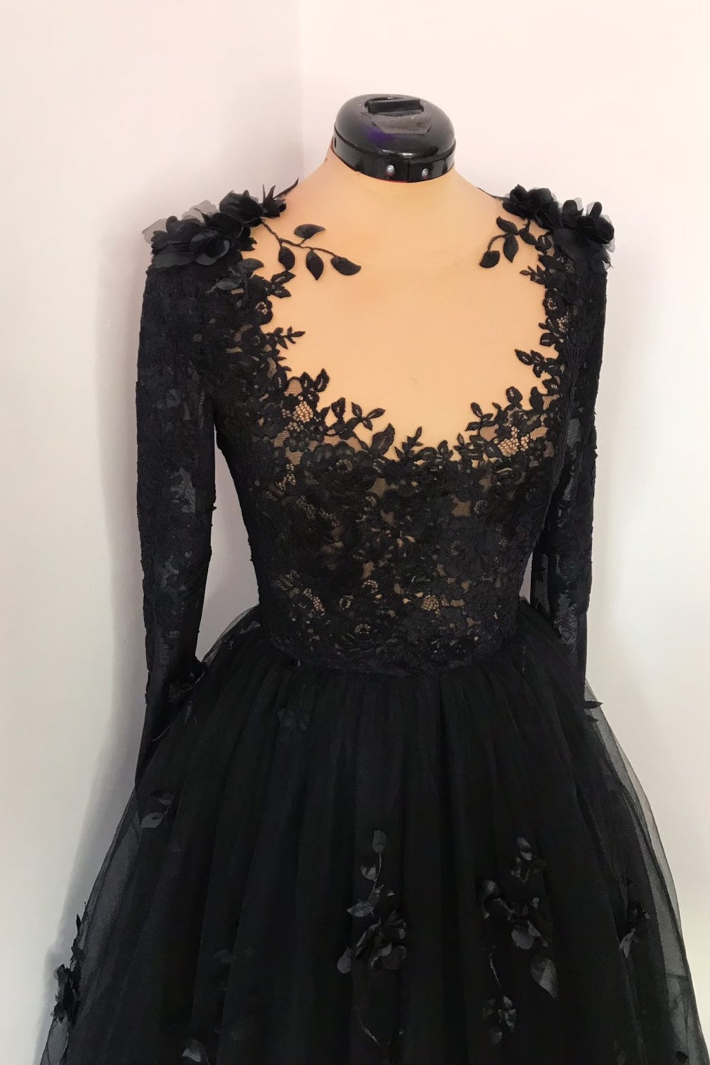 Black Gothic 3D Floral Lace A-Line Wedding Dress with Long Sleeves SW551 Sheer Fairy