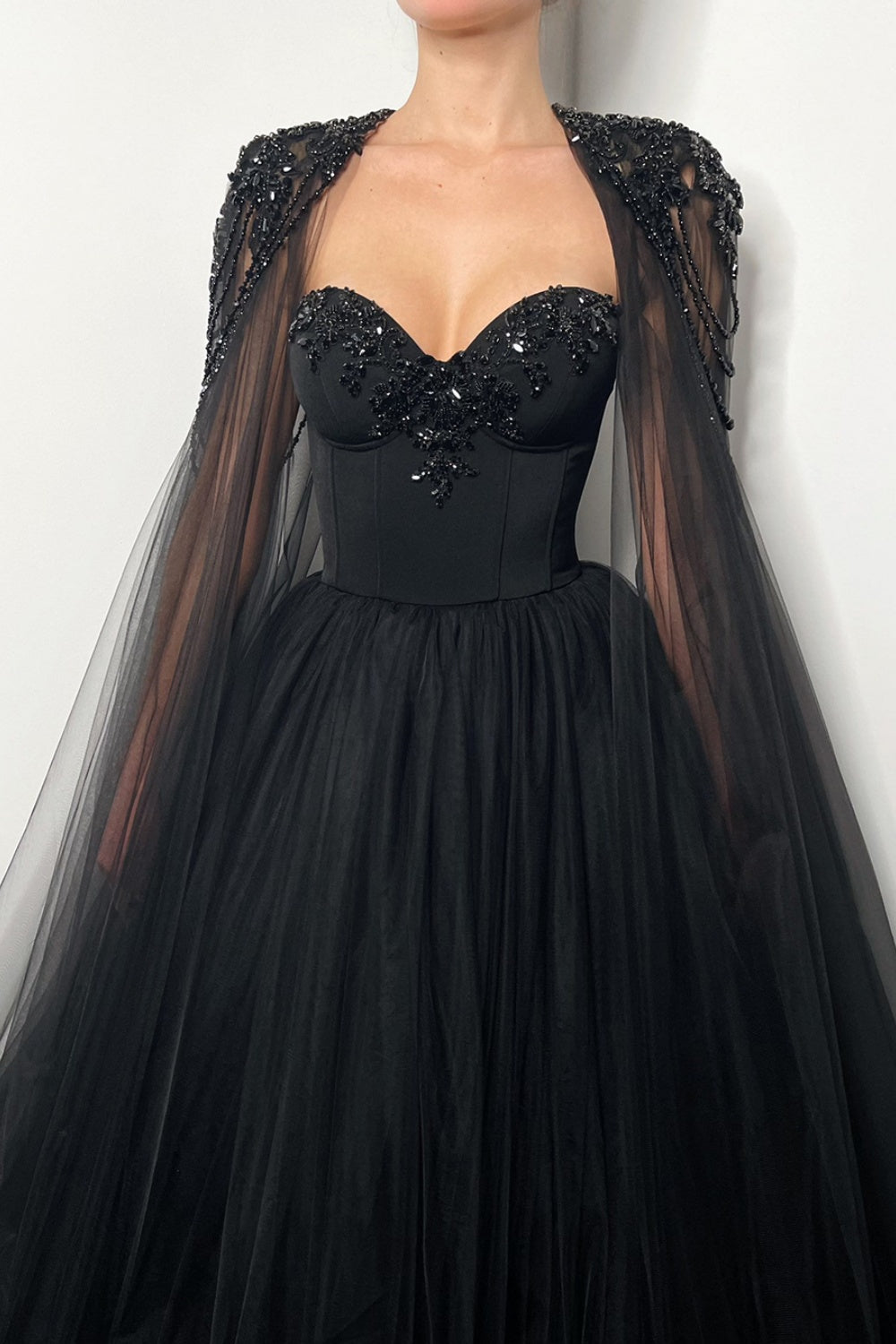 Black Beaded Strapless Detachable Capelet Ball Gown Wedding Dress SW564 Sheer Fairy