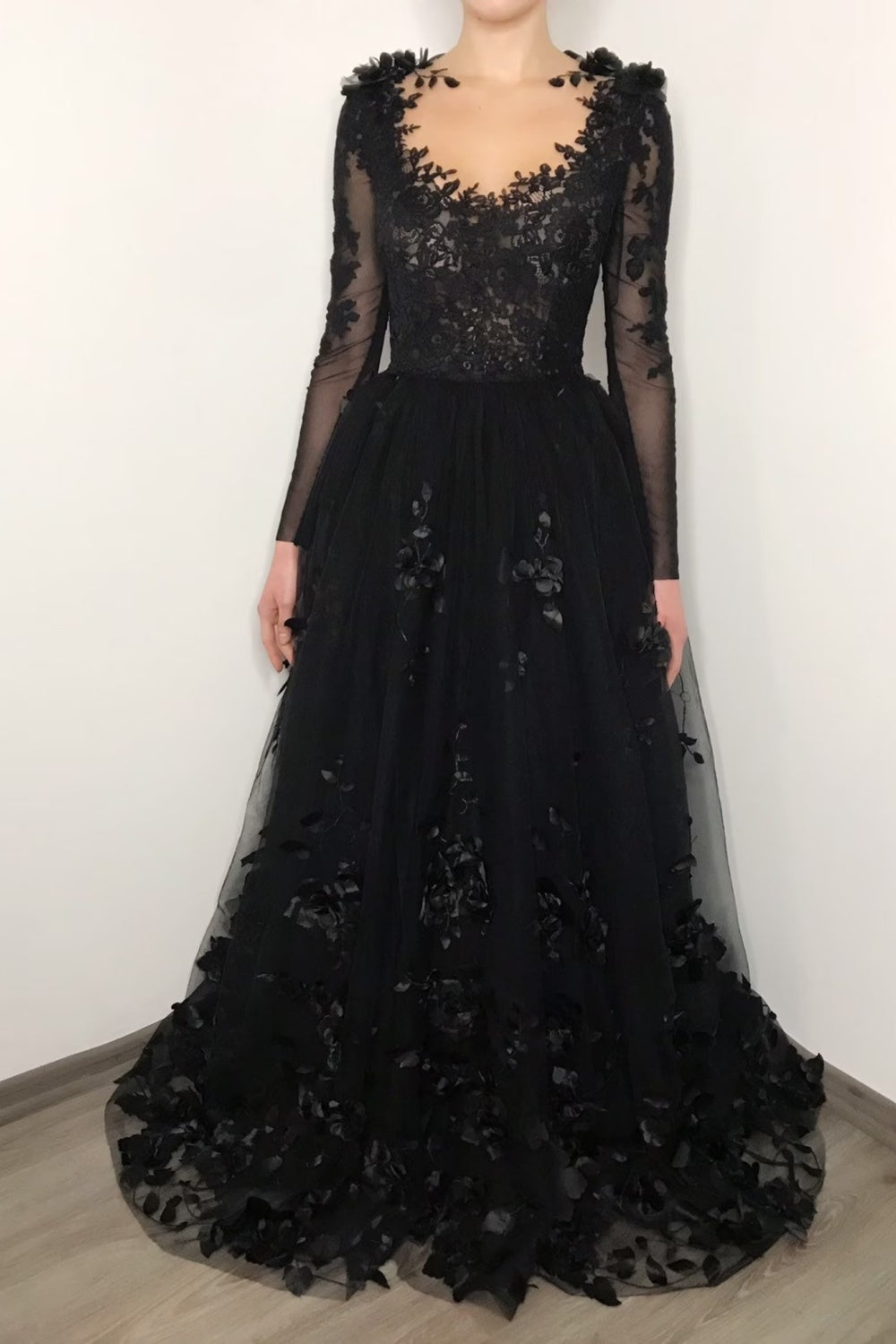 Black Gothic 3D Floral Lace A-Line Wedding Dress with Long Sleeves SW551 Sheer Fairy