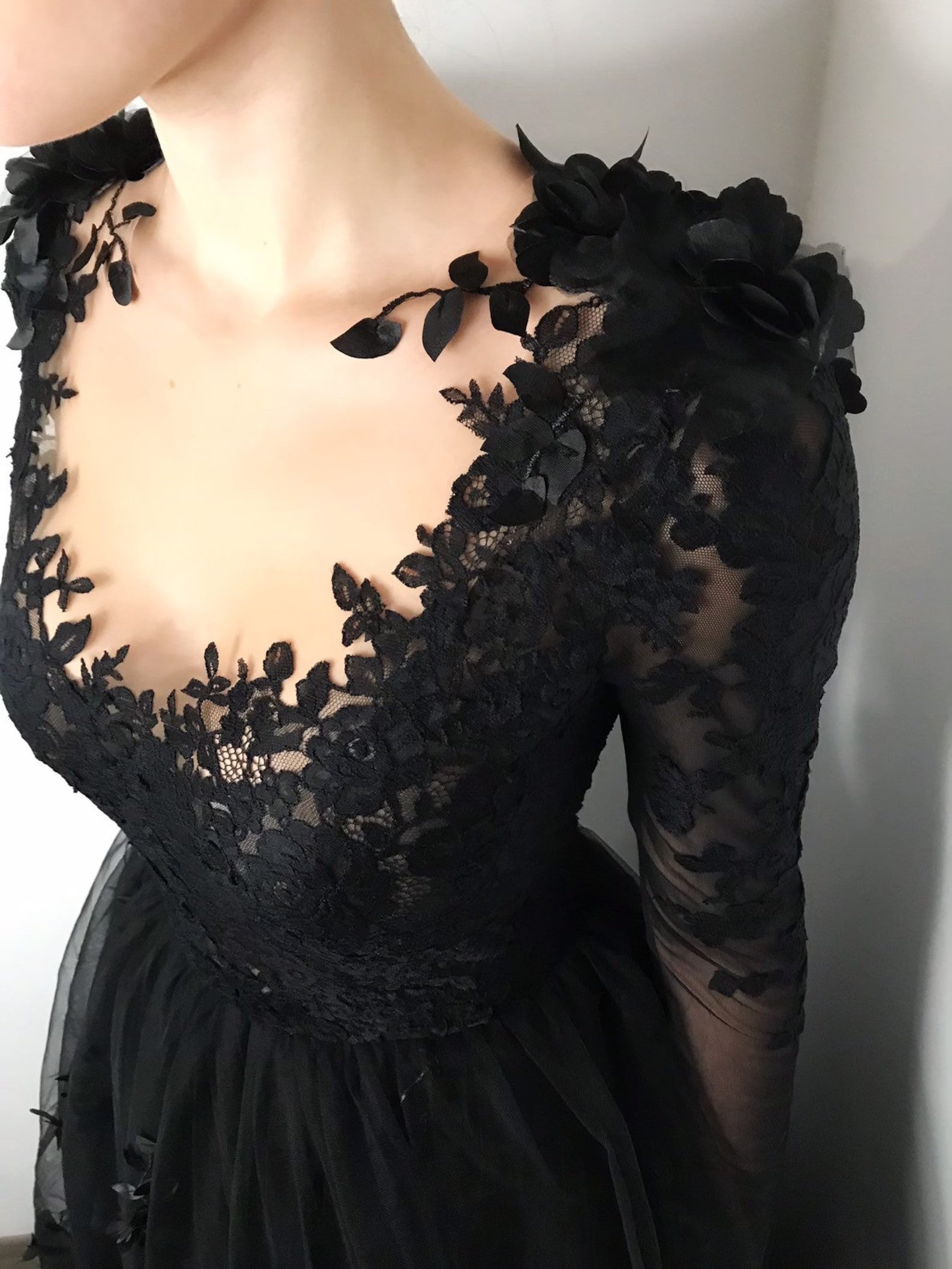 Black Gothic 3D Floral Lace A-Line Wedding Dress with Long Sleeves SW551