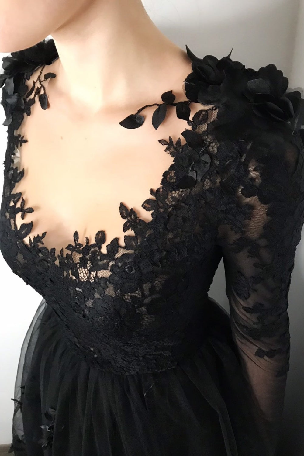 Black Gothic 3D Floral Lace A-Line Wedding Dress with Long Sleeves SW551 Sheer Fairy