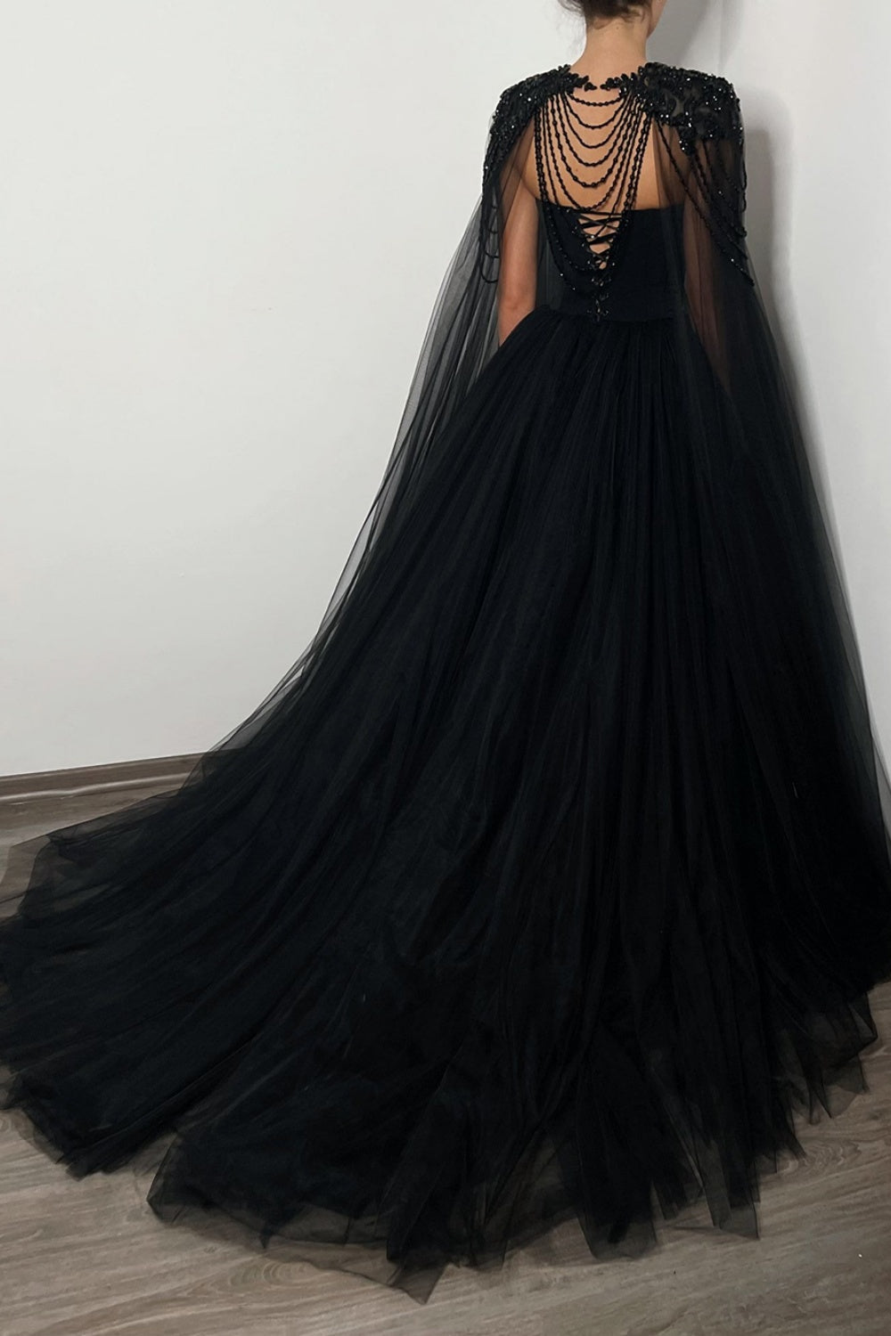 Black Beaded Strapless Detachable Capelet Ball Gown Wedding Dress SW564 Sheer Fairy