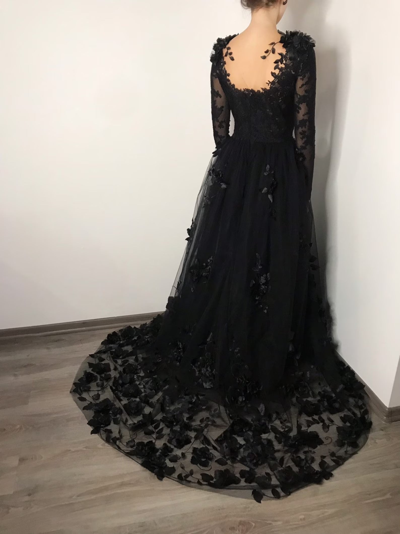 Black Gothic 3D Floral Lace A-Line Wedding Dress with Long Sleeves SW551