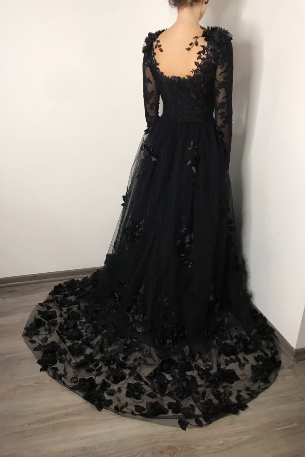 Black Gothic 3D Floral Lace A-Line Wedding Dress with Long Sleeves SW551 Sheer Fairy