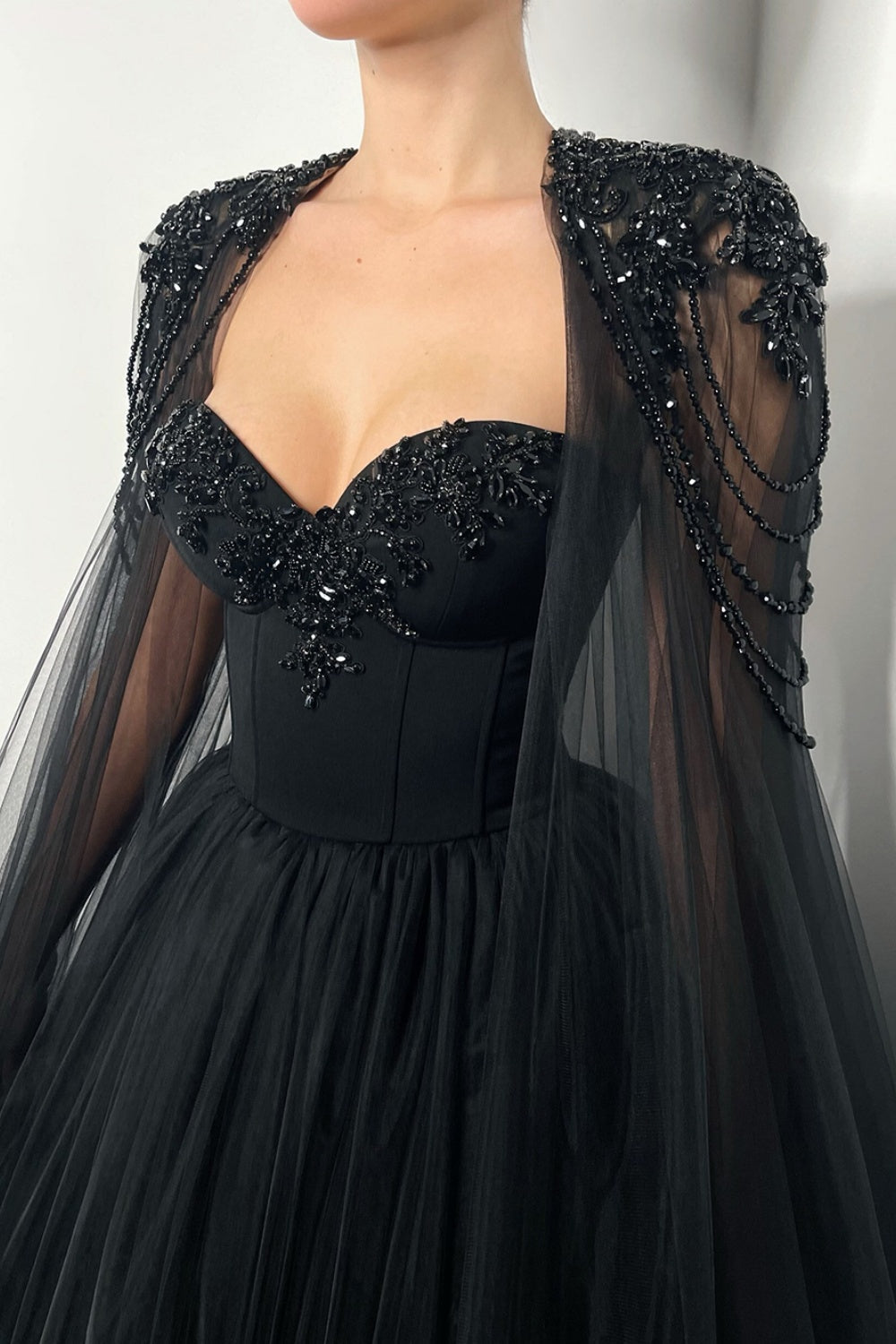 Black Beaded Strapless Detachable Capelet Ball Gown Wedding Dress SW564 Sheer Fairy