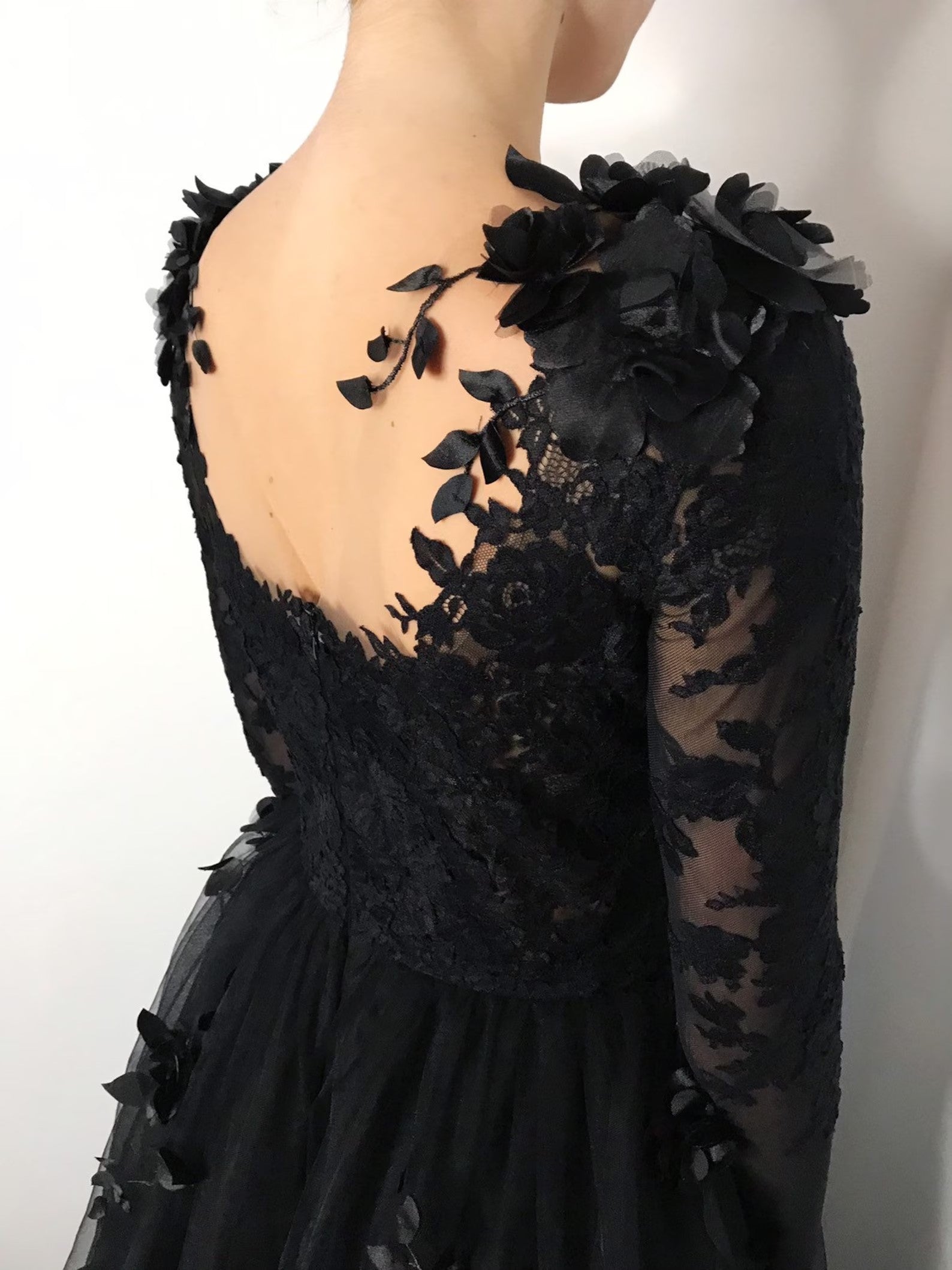 Black Gothic 3D Floral Lace A-Line Wedding Dress with Long Sleeves SW551
