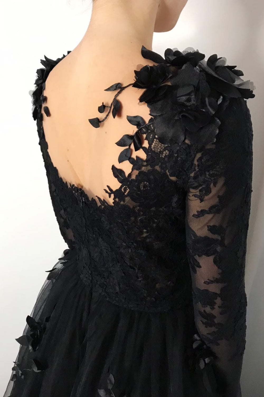Black Gothic 3D Floral Lace A-Line Wedding Dress with Long Sleeves SW551 Sheer Fairy