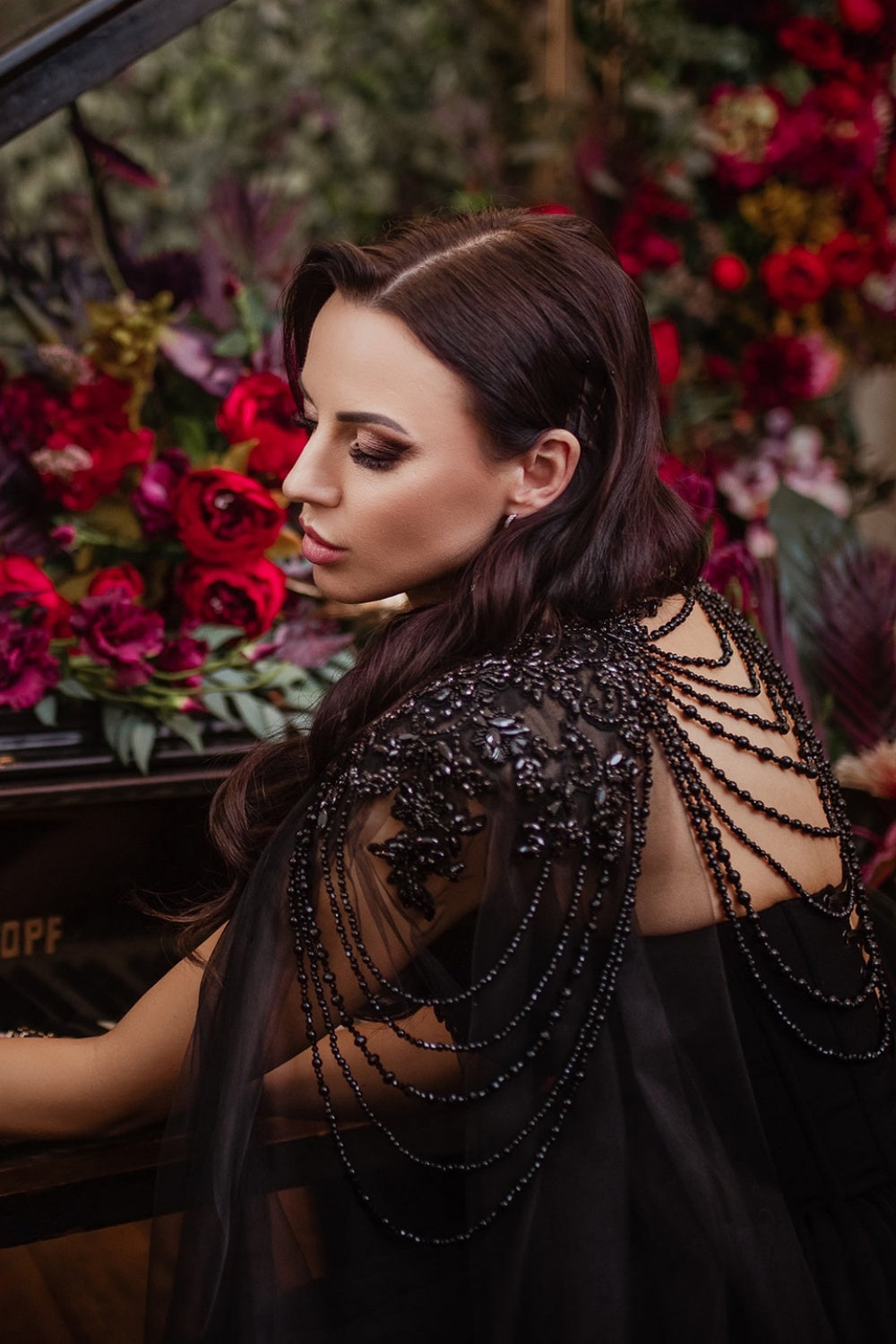 Black Beaded Strapless Detachable Capelet Ball Gown Wedding Dress SW564 Sheer Fairy