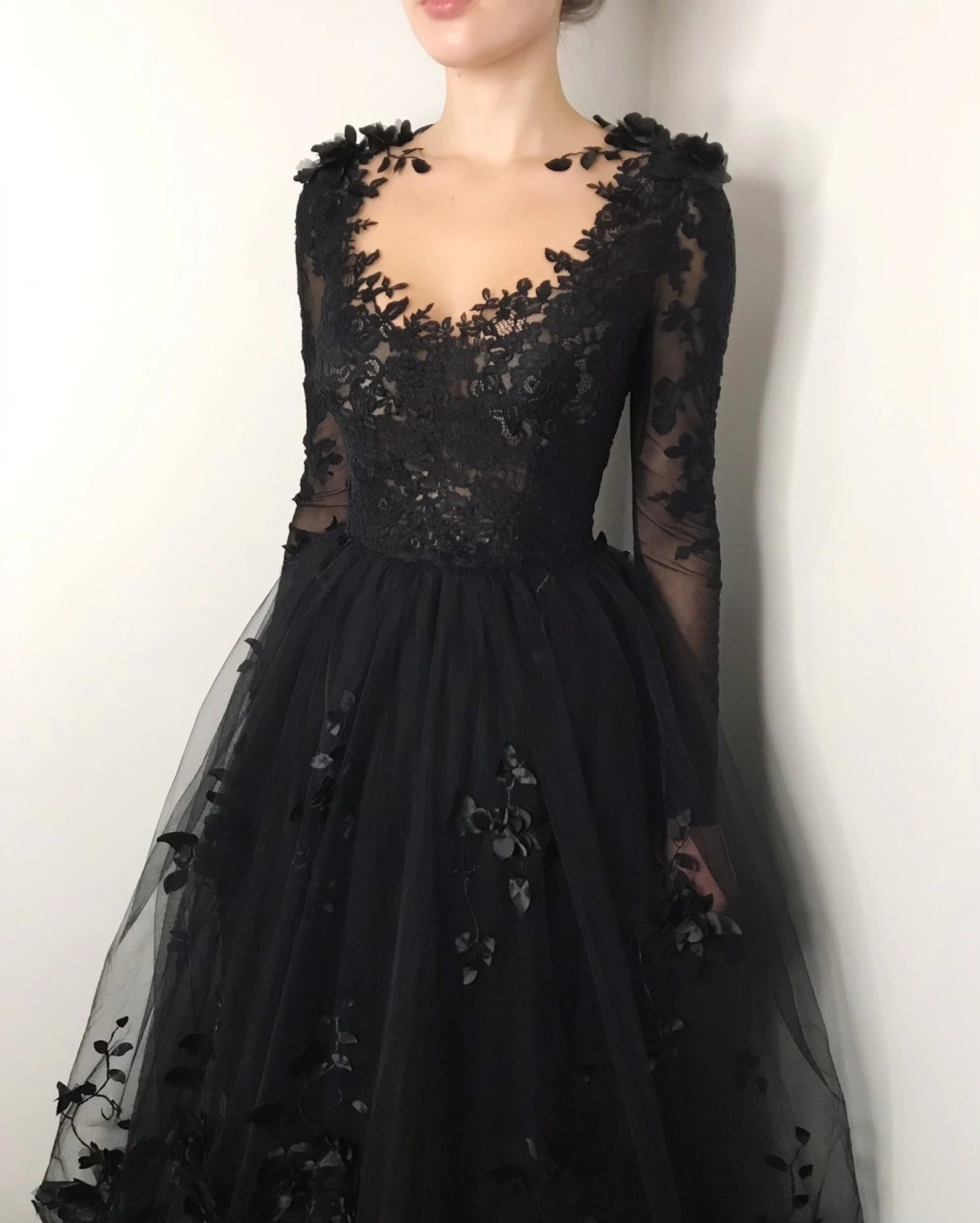 Black Gothic 3D Floral Lace A-Line Wedding Dress with Long Sleeves SW551