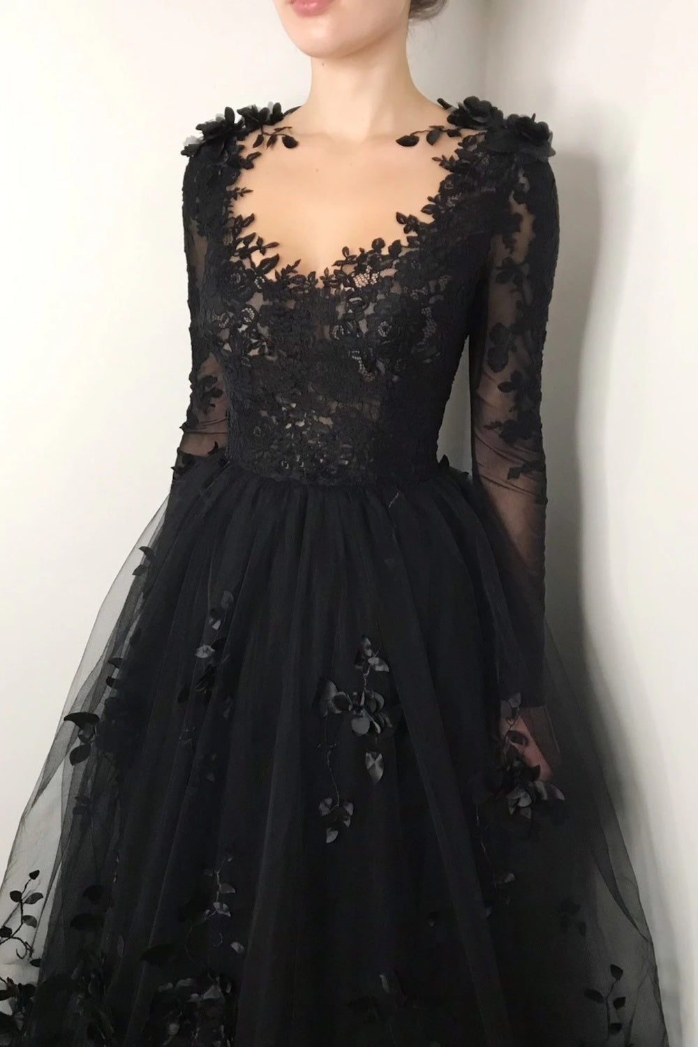 Black Gothic 3D Floral Lace A-Line Wedding Dress with Long Sleeves SW551 Sheer Fairy