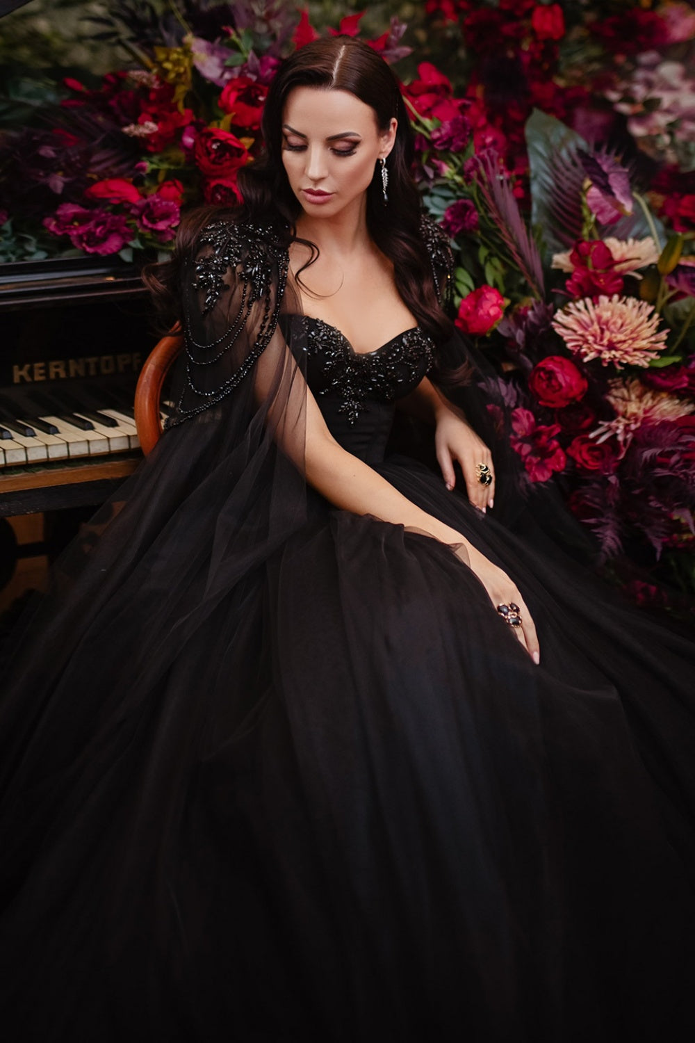 Black Beaded Strapless Detachable Capelet Ball Gown Wedding Dress SW564 Sheer Fairy