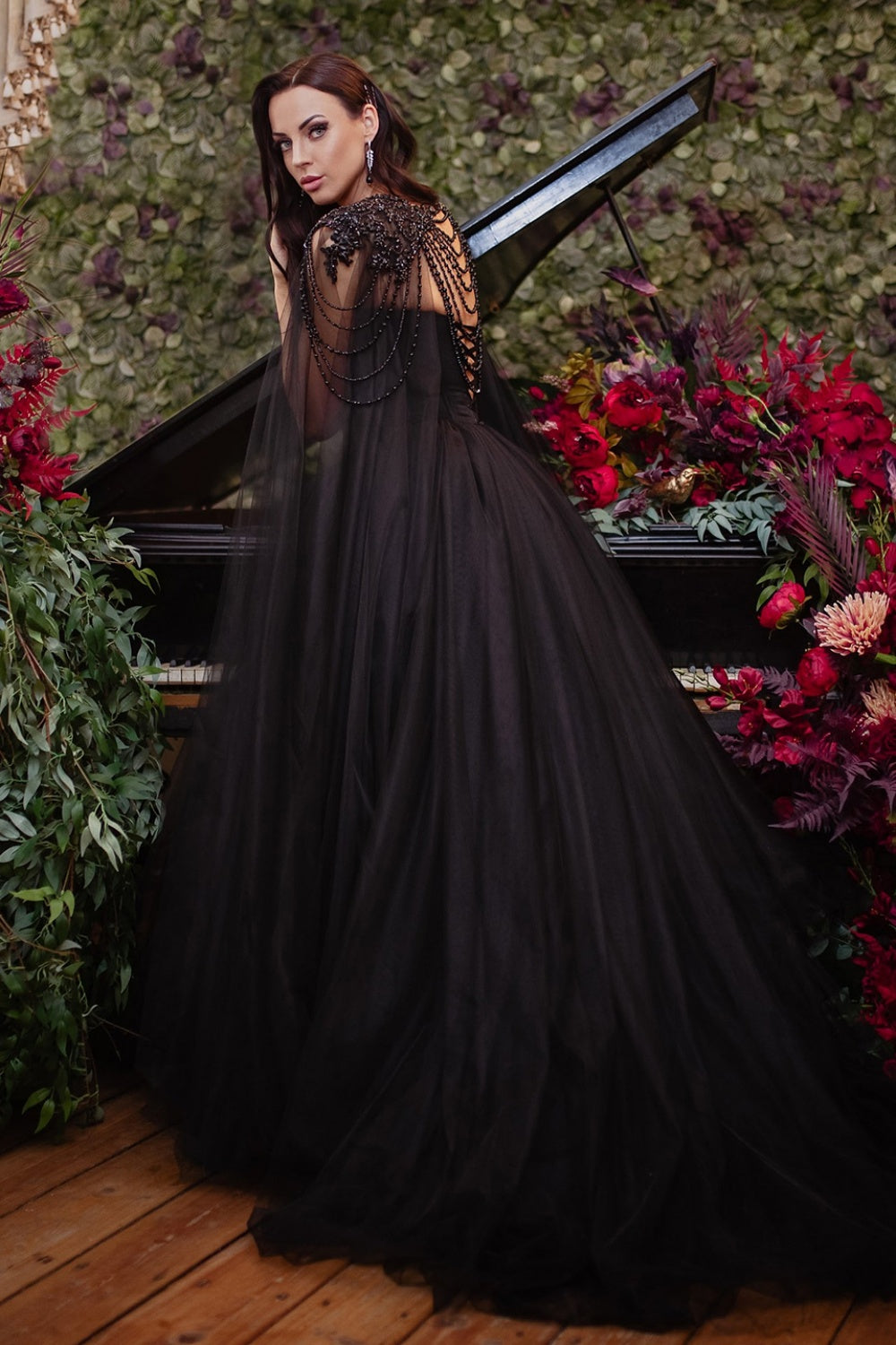 Black Beaded Strapless Detachable Capelet Ball Gown Wedding Dress SW564 Sheer Fairy