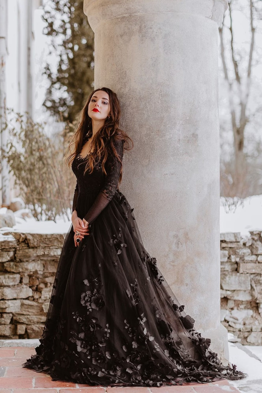 Black Gothic 3D Floral Lace A-Line Wedding Dress with Long Sleeves SW551 Sheer Fairy