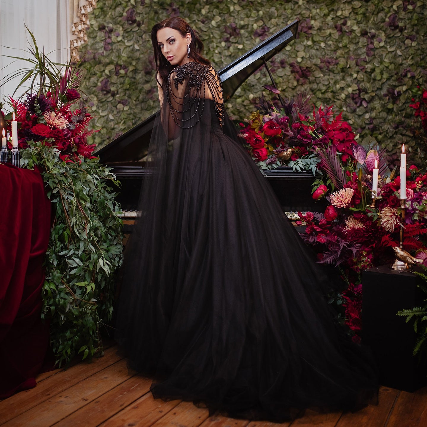 Black Beaded Strapless Detachable Capelet Ball Gown Wedding Dress SW564