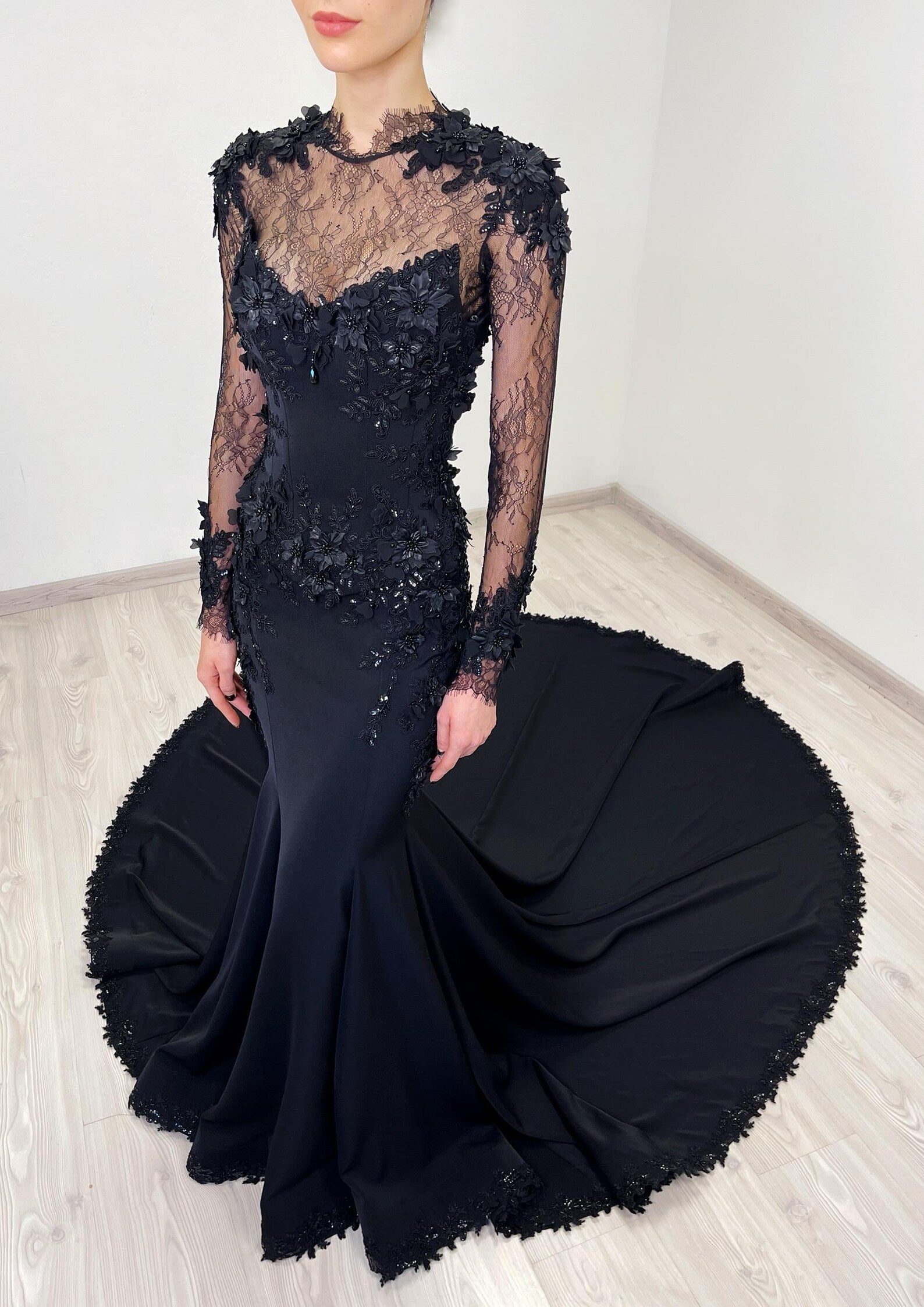 Black Gothic Lace Mermaid Wedding Dress with Long Sleeves SW552