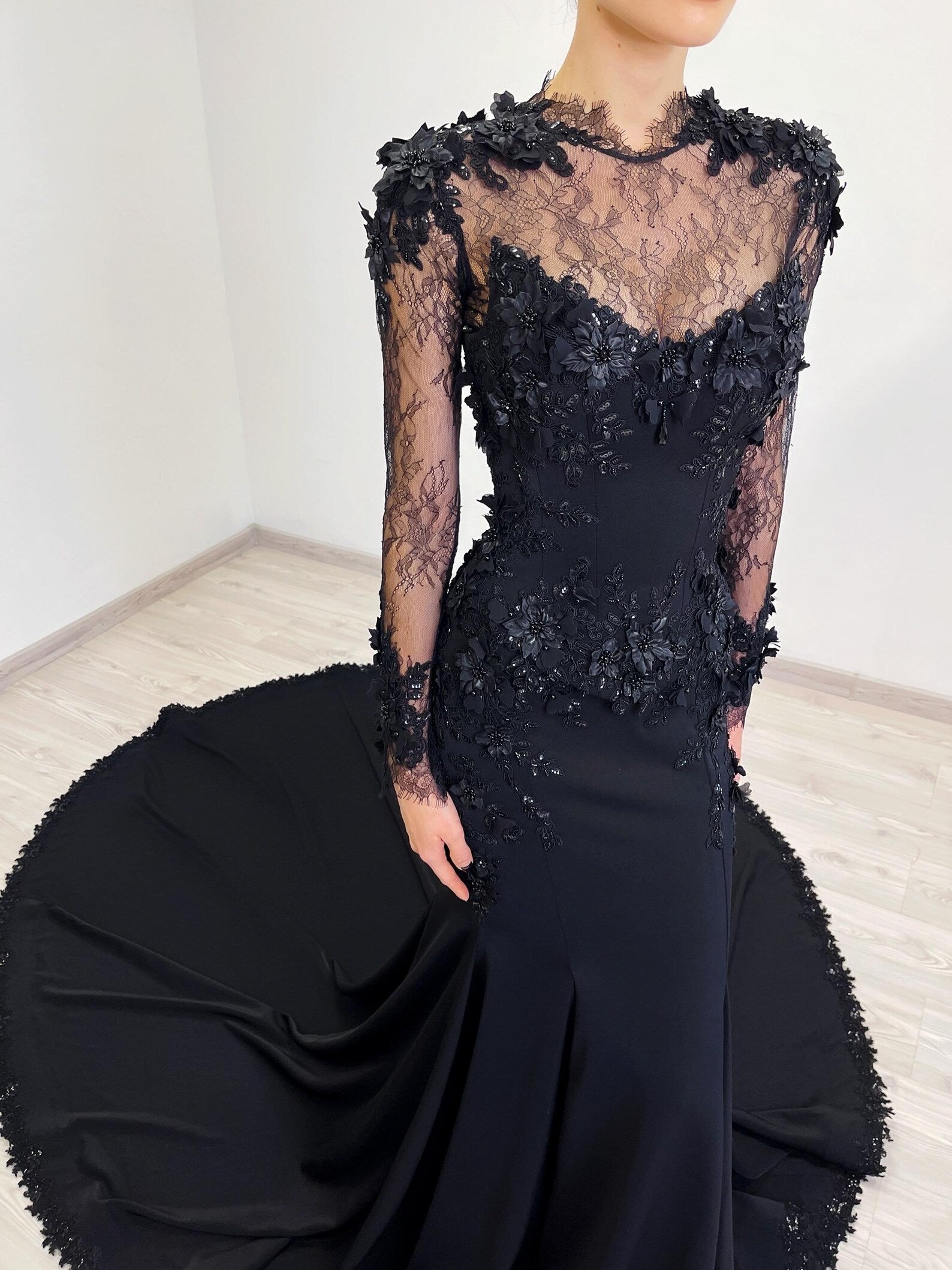 Black Gothic Lace Mermaid Wedding Dress with Long Sleeves SW552