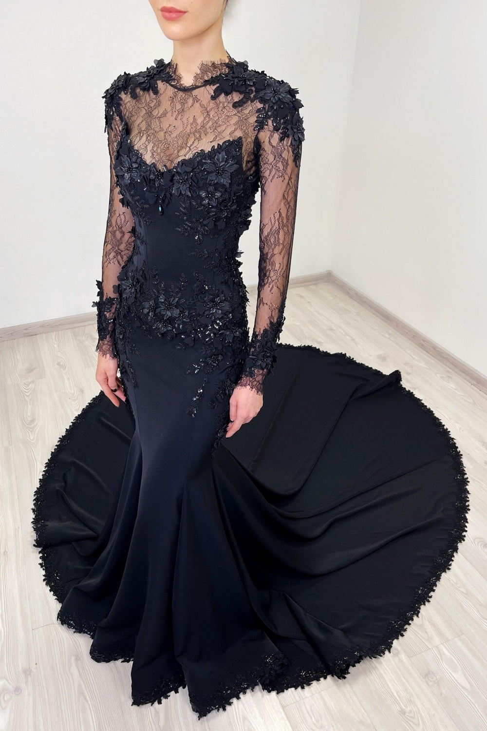 Black Gothic Lace Mermaid Wedding Dress with Long Sleeves SW552 Sheer Fairy