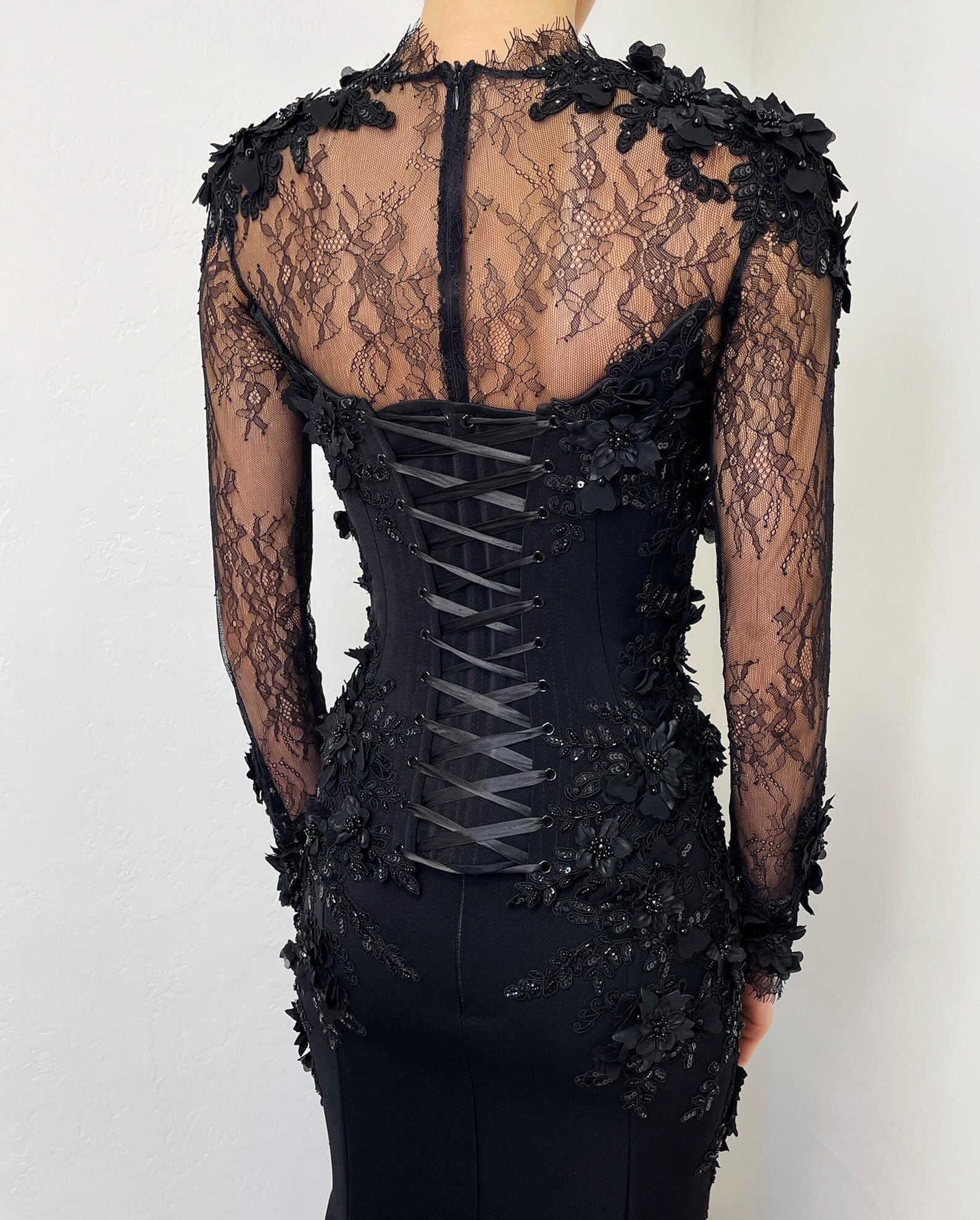 Black Gothic Lace Mermaid Wedding Dress with Long Sleeves SW552