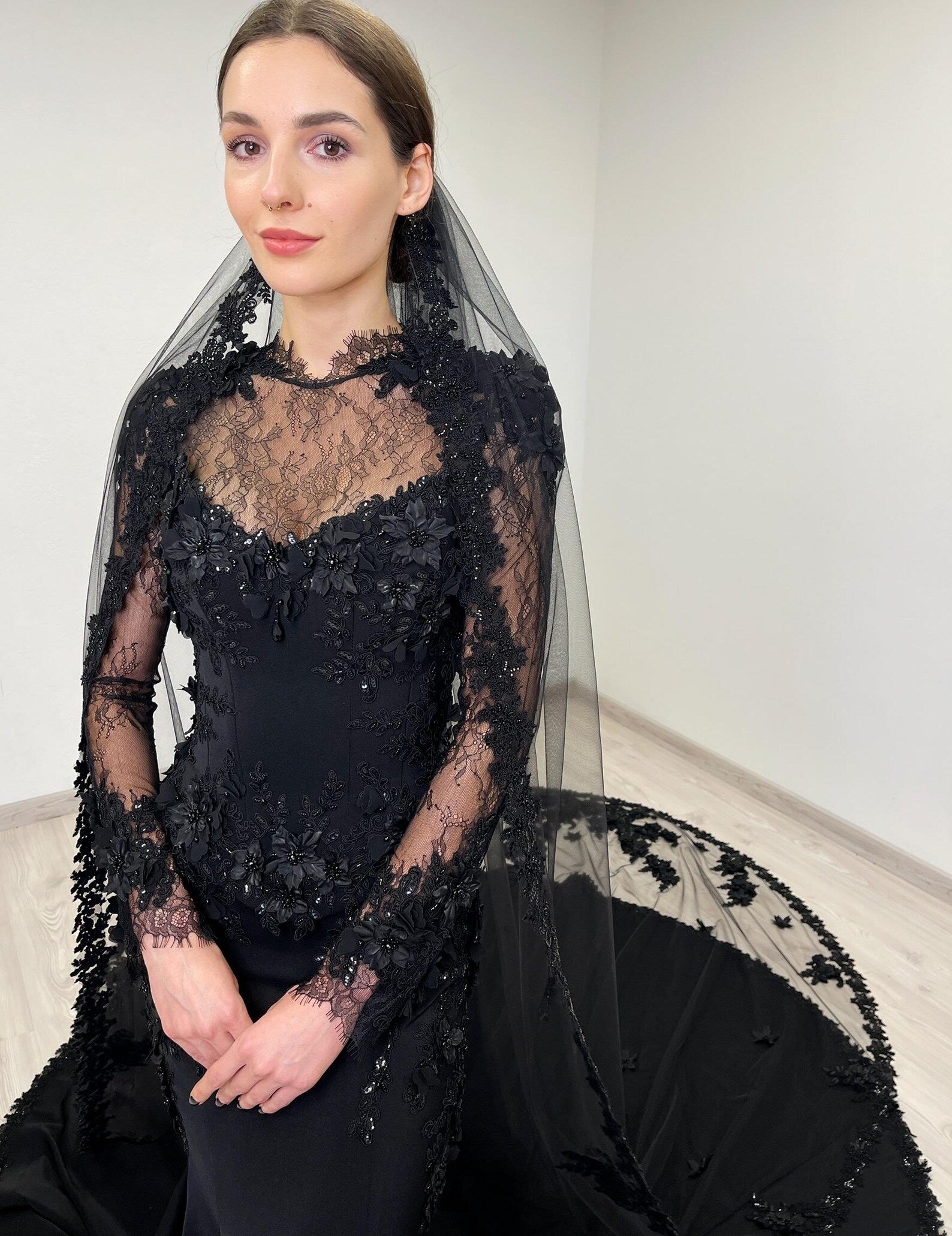 Black Gothic Lace Mermaid Wedding Dress with Long Sleeves SW552