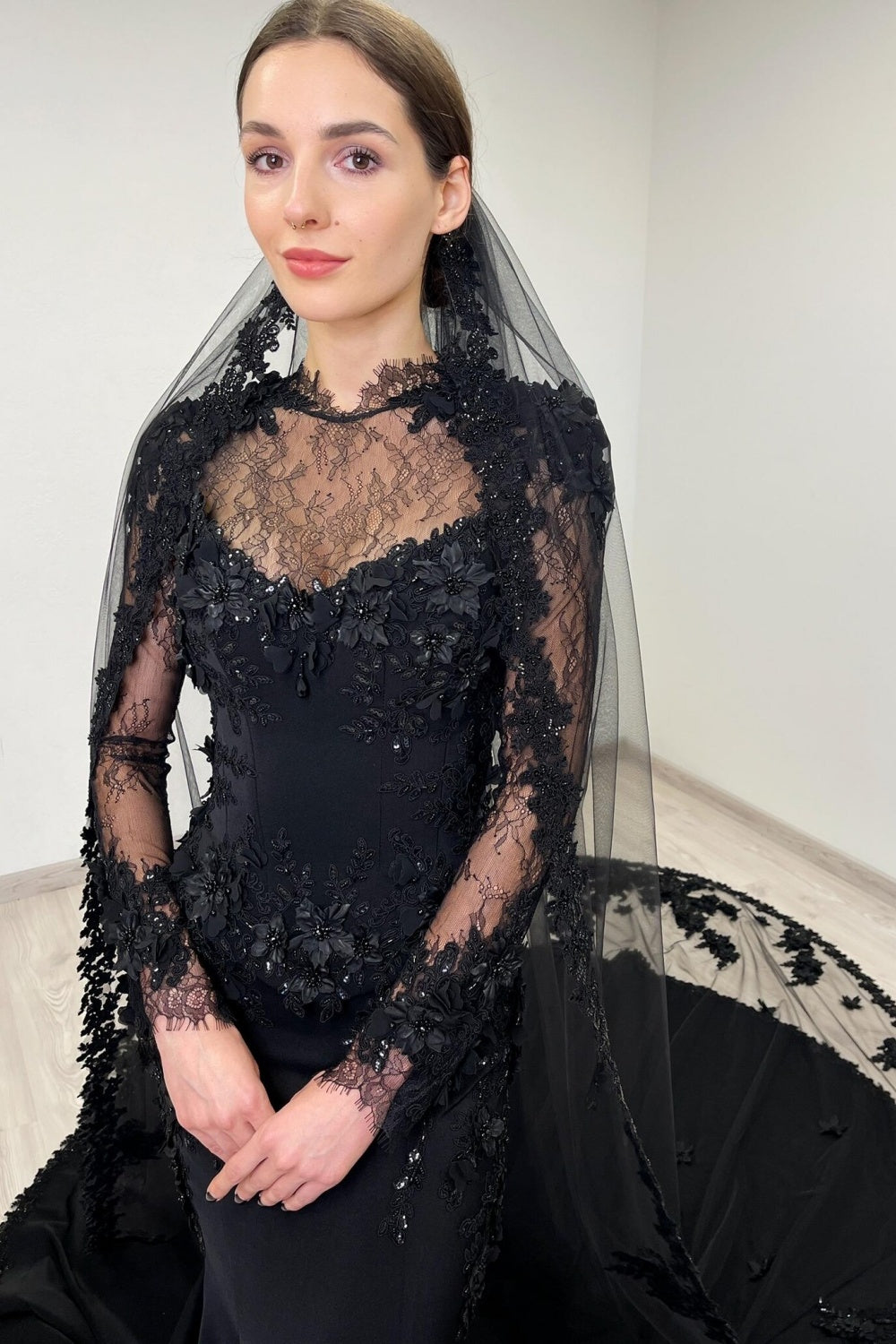 Black Gothic Lace Mermaid Wedding Dress with Long Sleeves SW552 Sheer Fairy