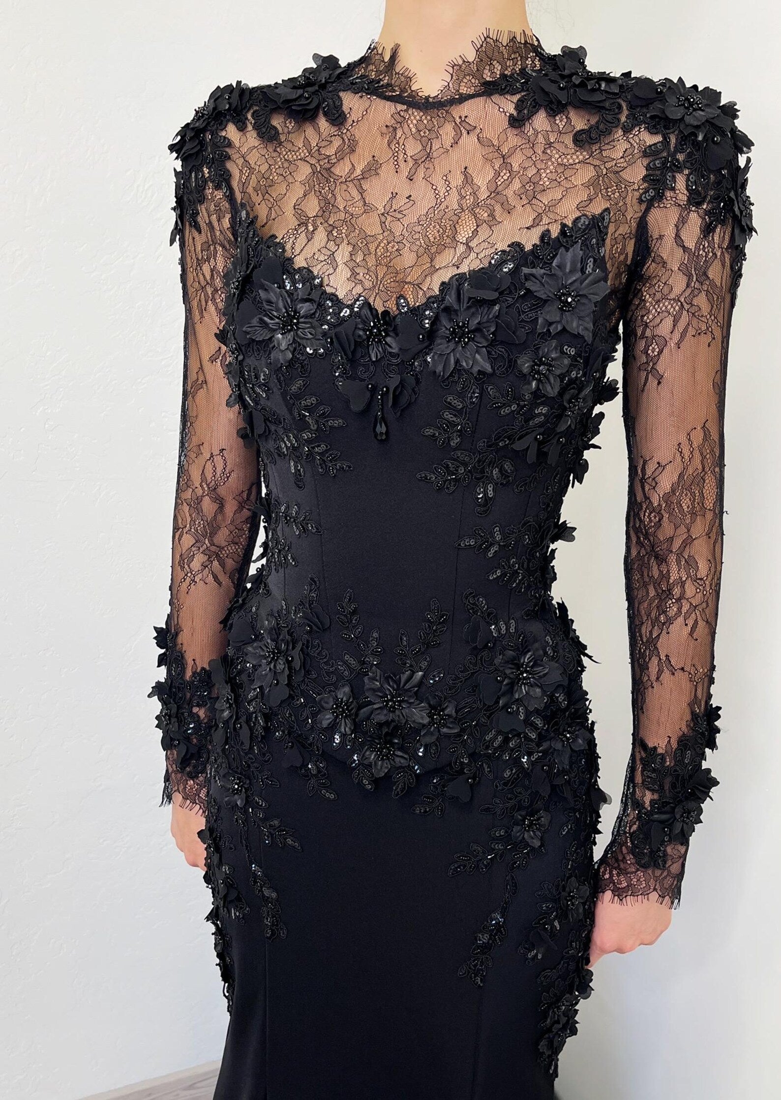 Black Gothic Lace Mermaid Wedding Dress with Long Sleeves SW552