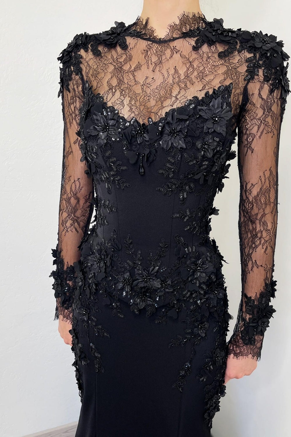 Black Gothic Lace Mermaid Wedding Dress with Long Sleeves SW552 Sheer Fairy