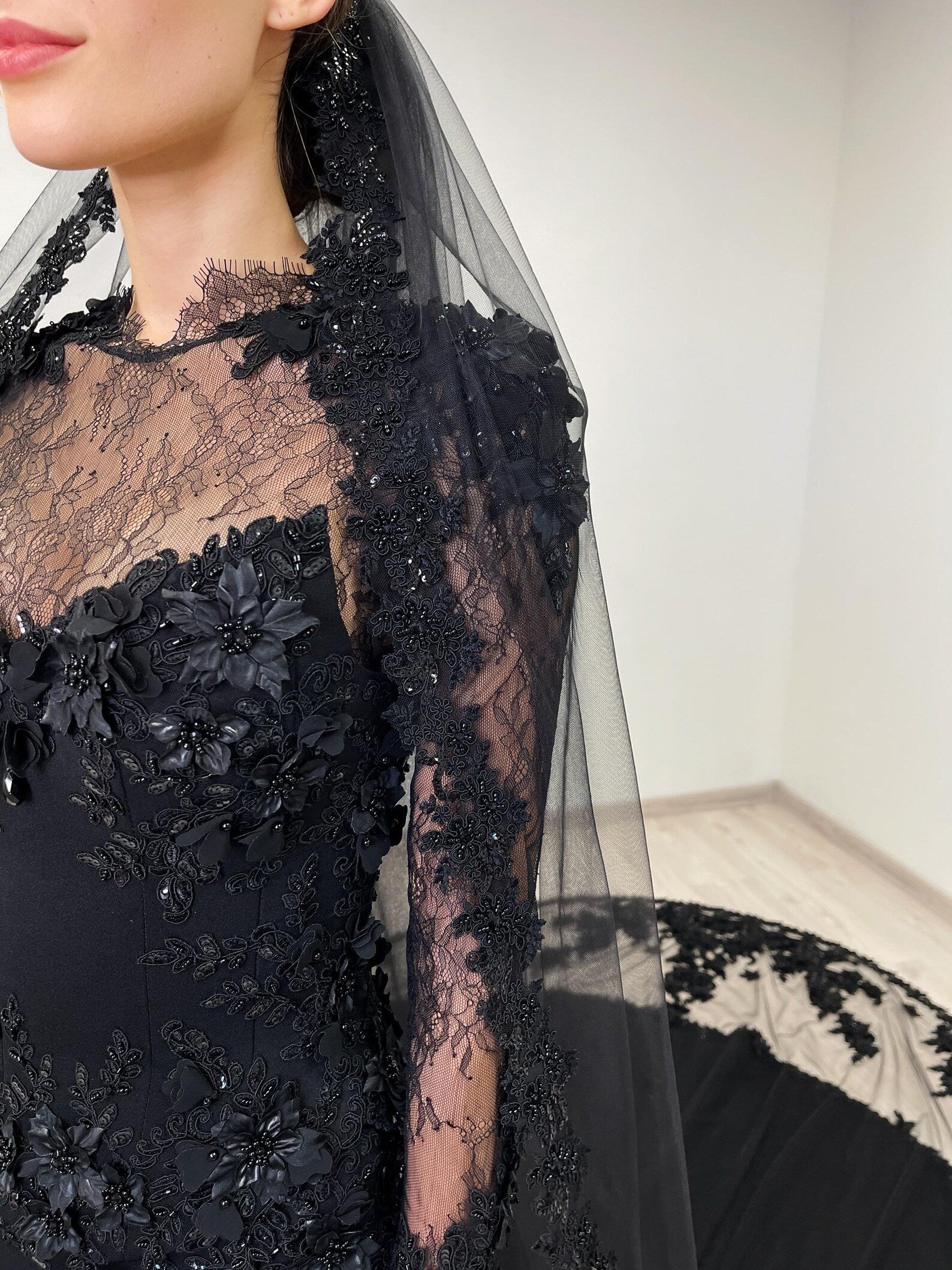 Black Gothic Lace Mermaid Wedding Dress with Long Sleeves SW552