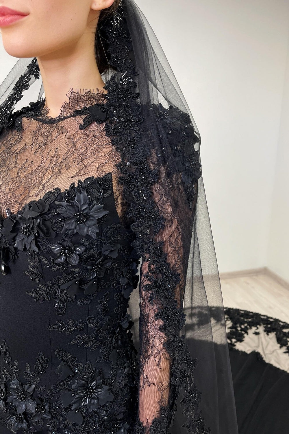 Black Gothic Lace Mermaid Wedding Dress with Long Sleeves SW552 Sheer Fairy