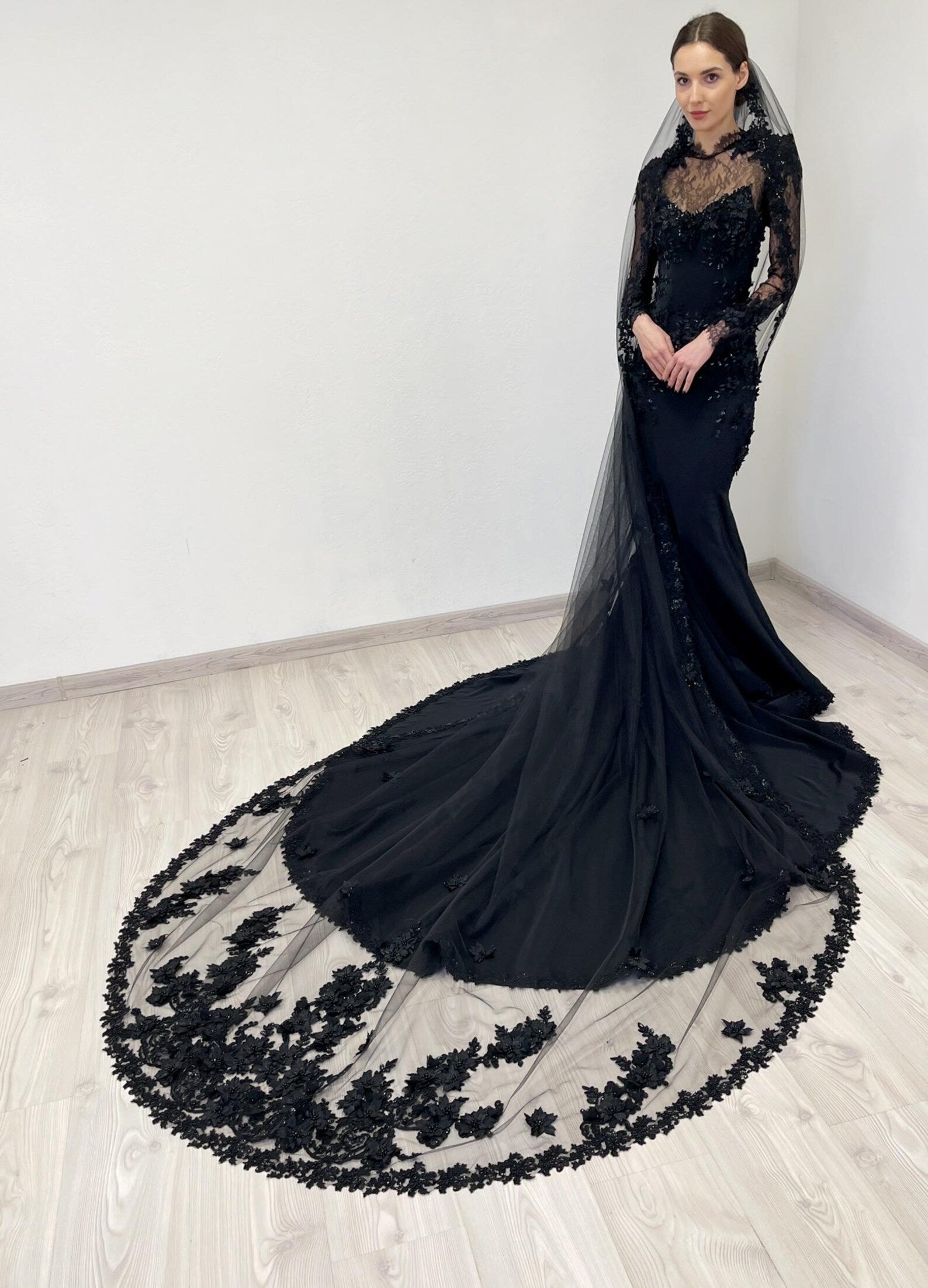 Black Gothic Lace Mermaid Wedding Dress with Long Sleeves SW552