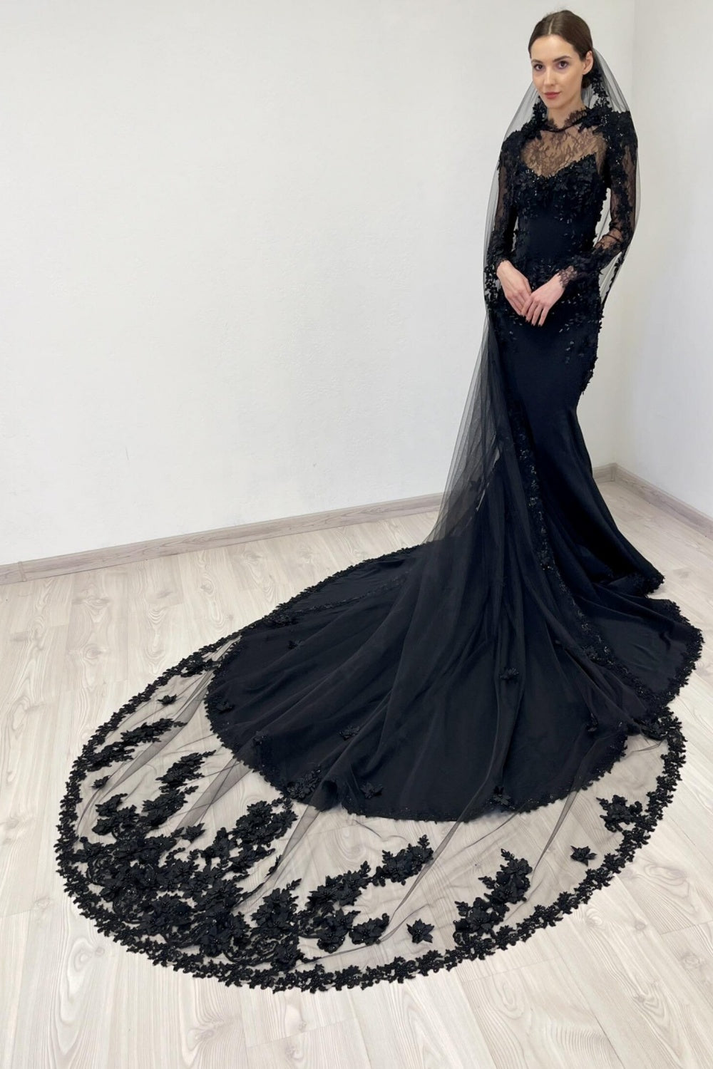 Black Gothic Lace Mermaid Wedding Dress with Long Sleeves SW552 Sheer Fairy
