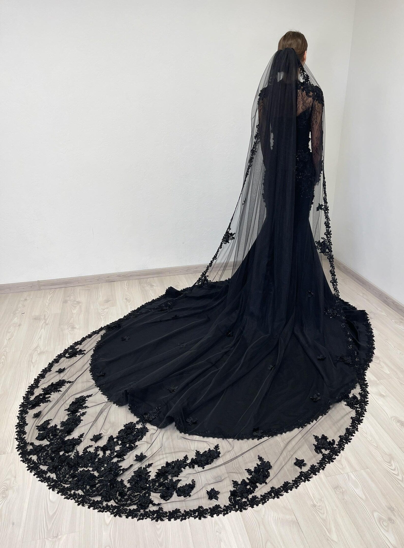 Black Gothic Lace Mermaid Wedding Dress with Long Sleeves SW552