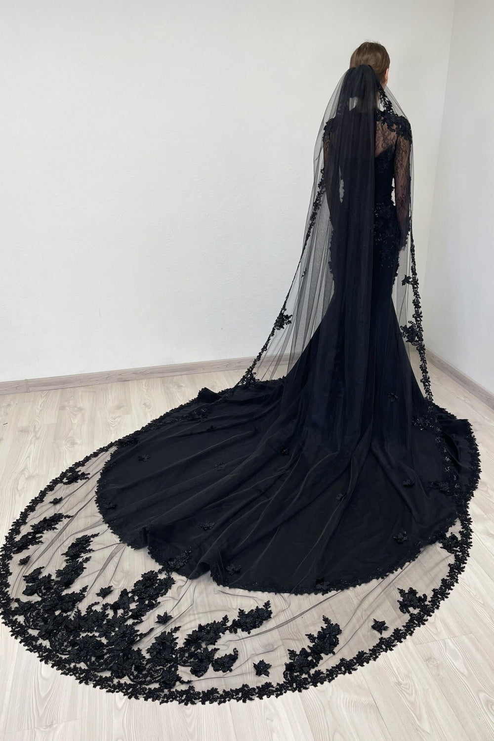 Black Gothic Lace Mermaid Wedding Dress with Long Sleeves SW552 Sheer Fairy