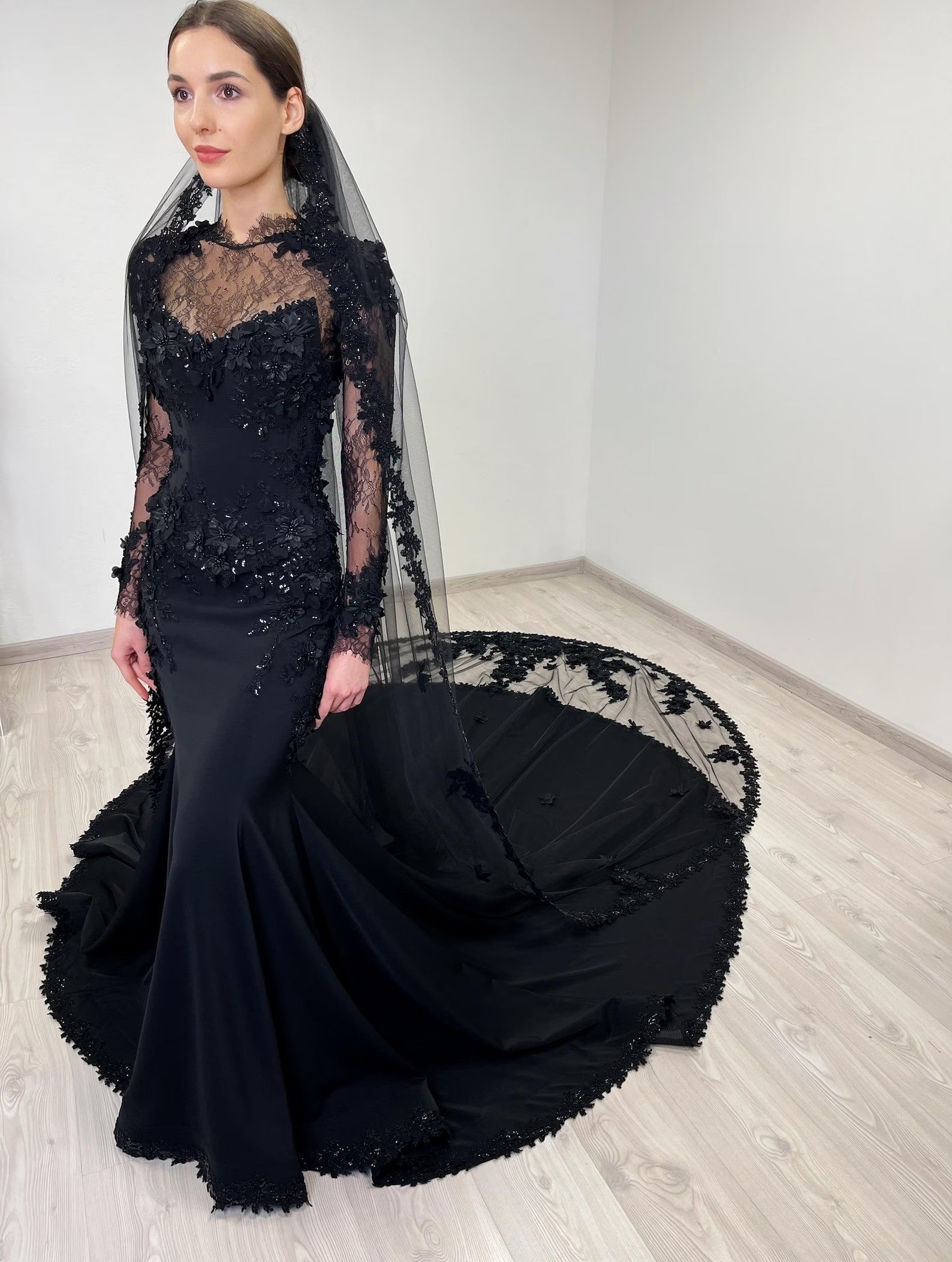 Black Gothic Lace Mermaid Wedding Dress with Long Sleeves SW552