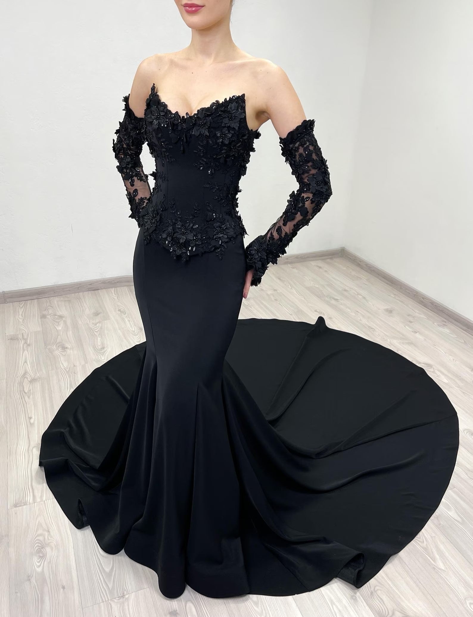 Black Gothic Off-Shoulder Mermaid Wedding Dress with Long Sleeves SW553