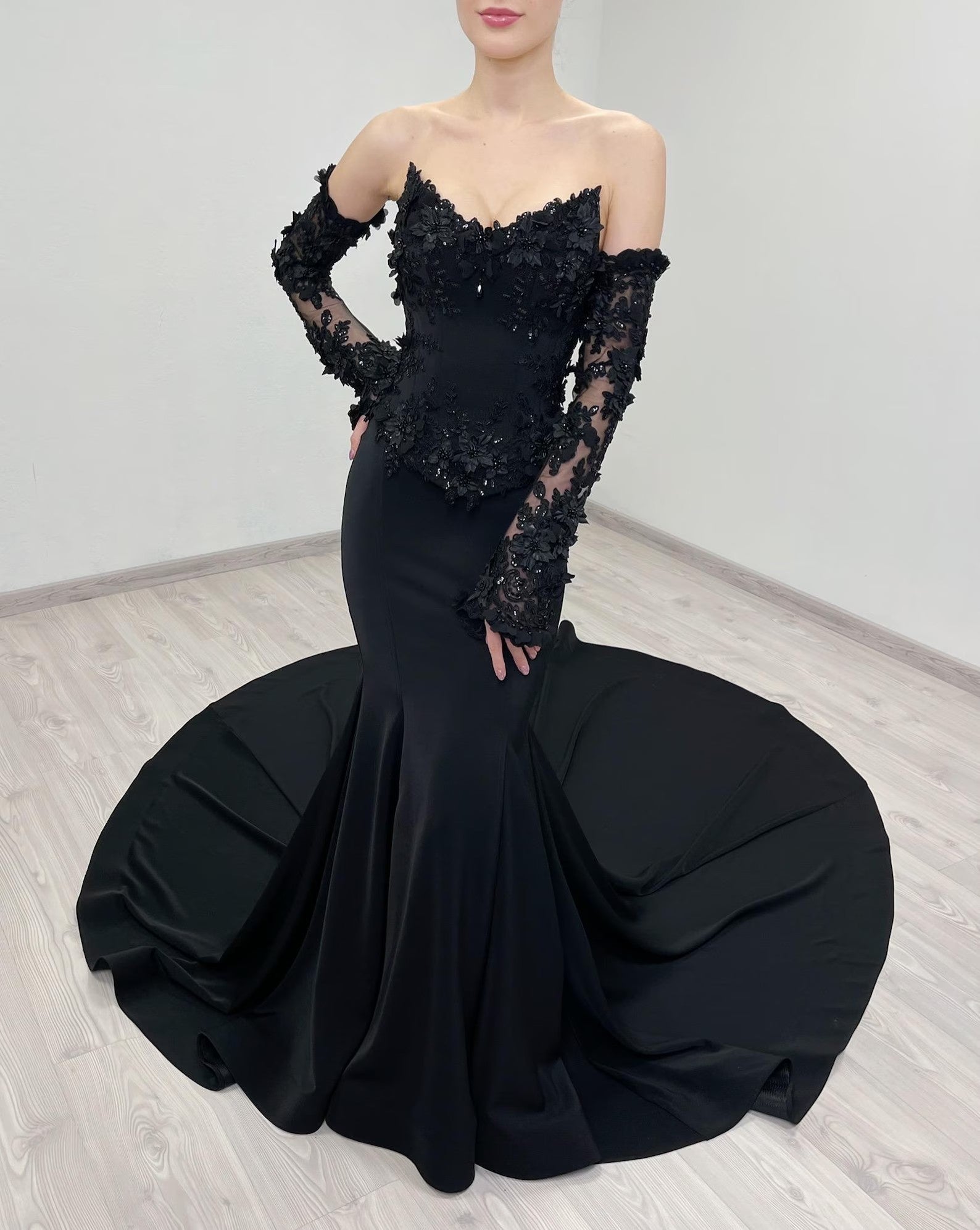 Black Gothic Off-Shoulder Mermaid Wedding Dress with Long Sleeves SW553