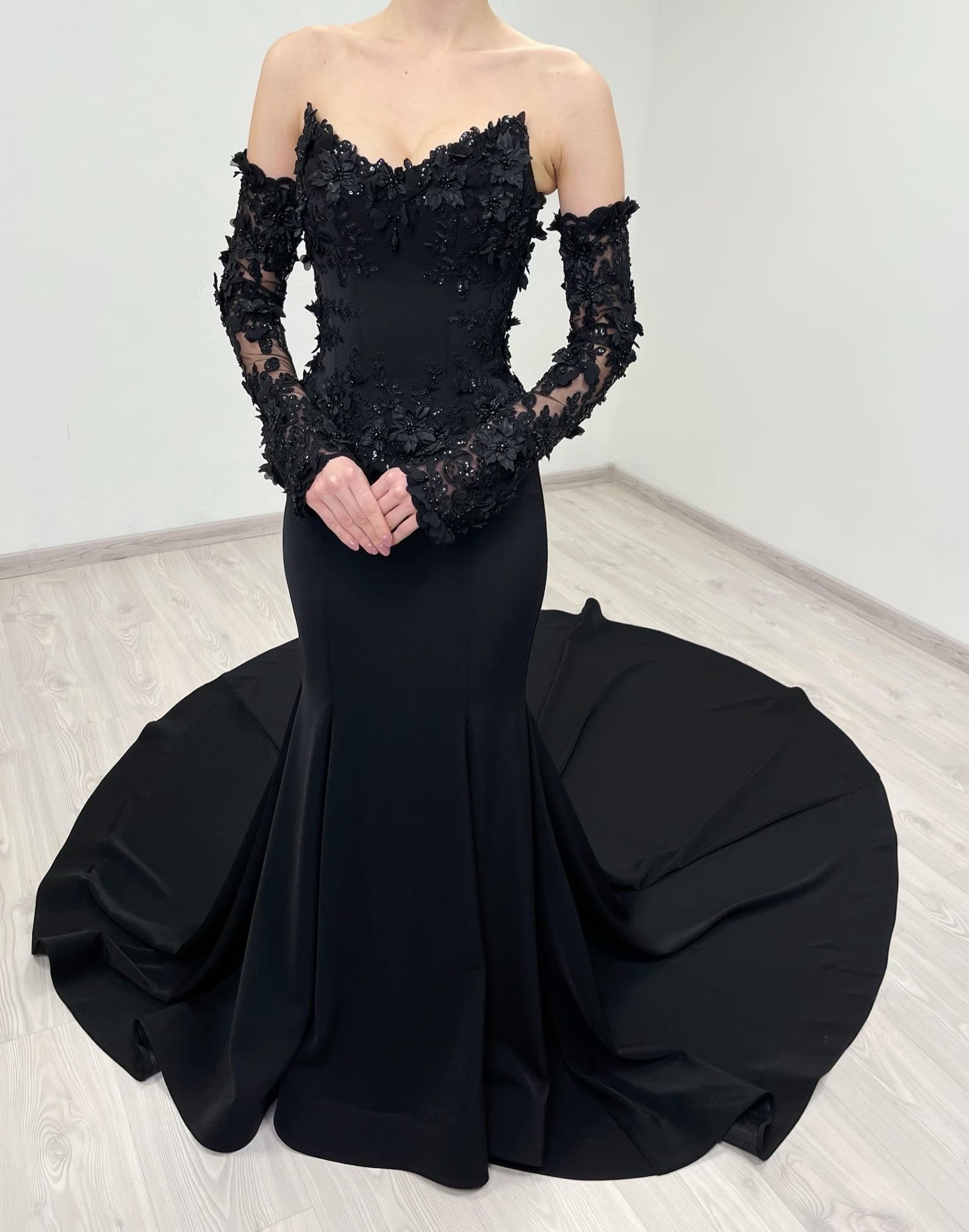 Black Gothic Off-Shoulder Mermaid Wedding Dress with Long Sleeves SW553