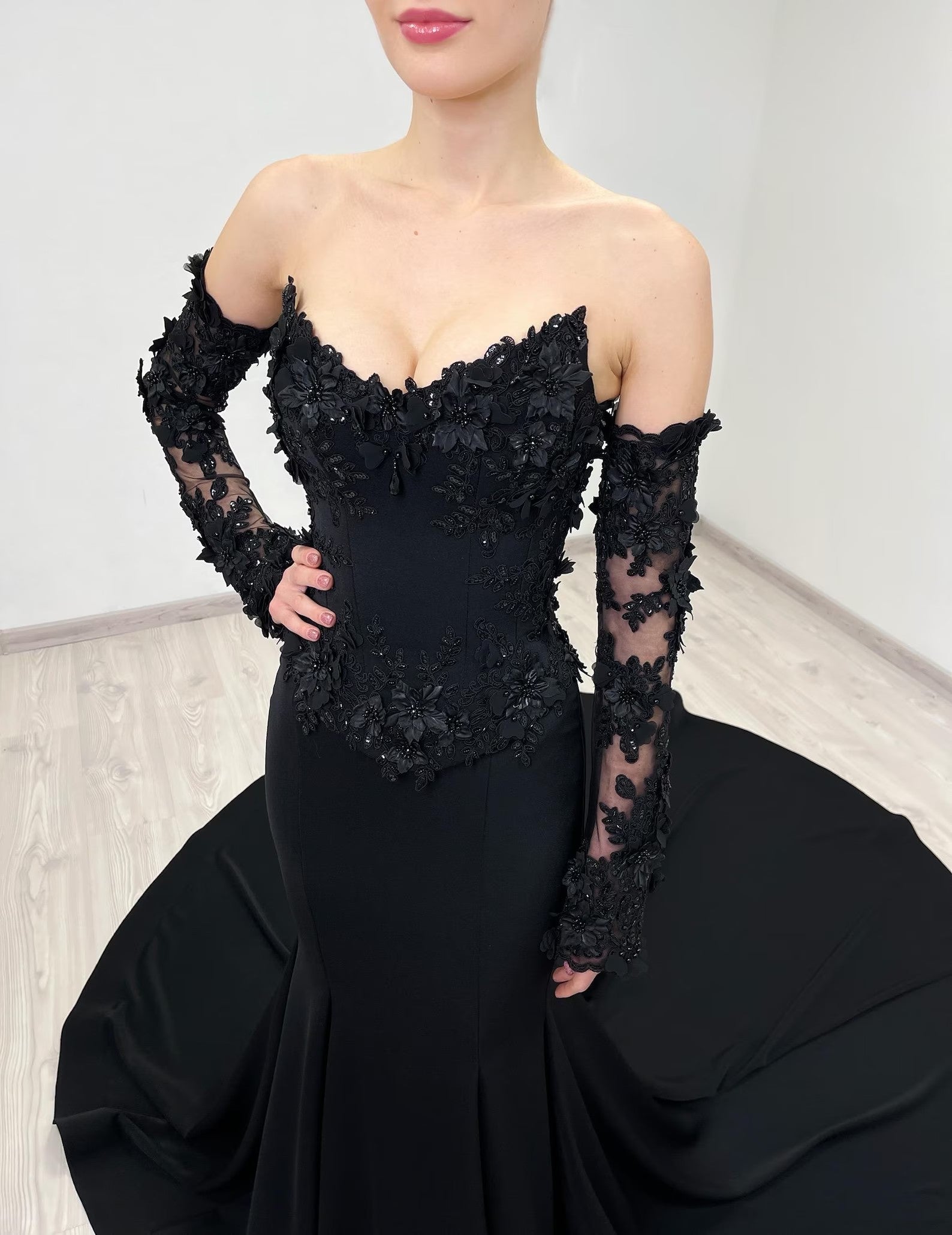 Black Gothic Off-Shoulder Mermaid Wedding Dress with Long Sleeves SW553