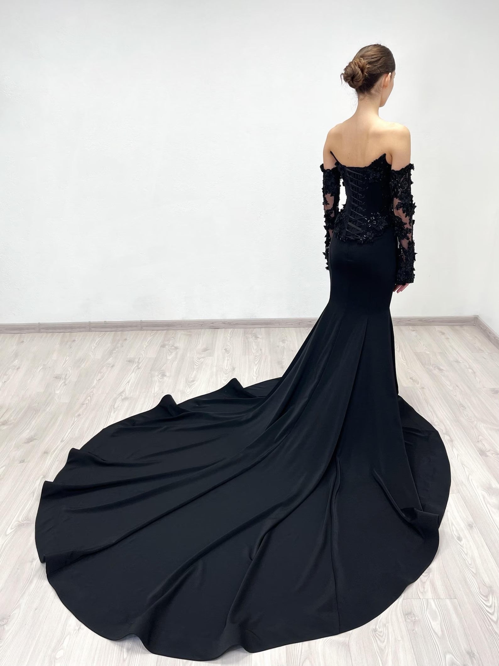 Black Gothic Off-Shoulder Mermaid Wedding Dress with Long Sleeves SW553