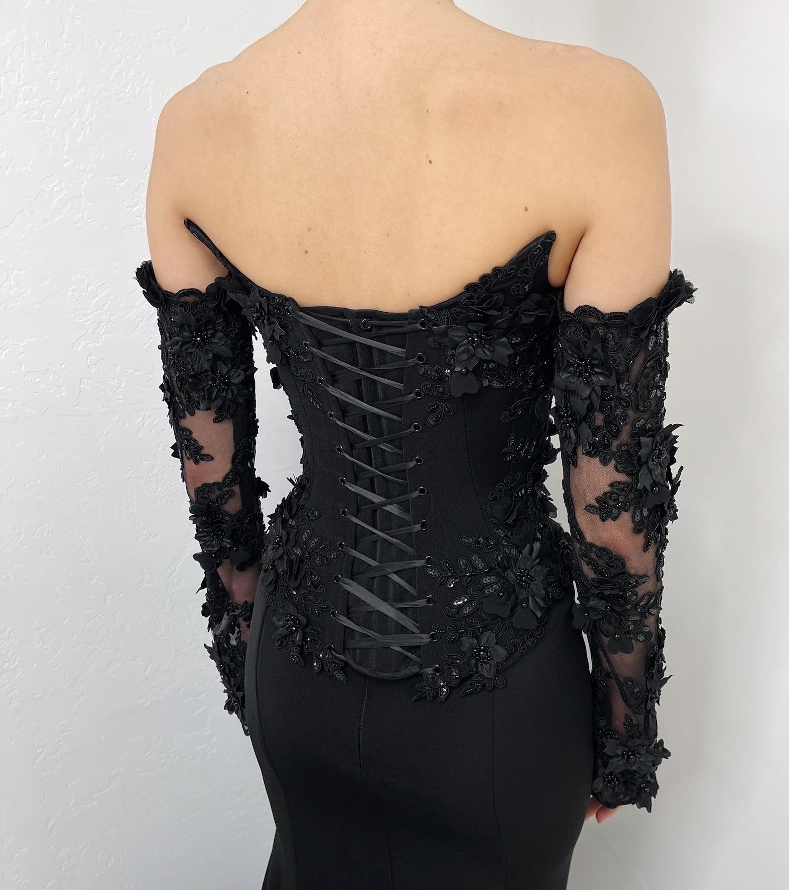 Black Gothic Off-Shoulder Mermaid Wedding Dress with Long Sleeves SW553