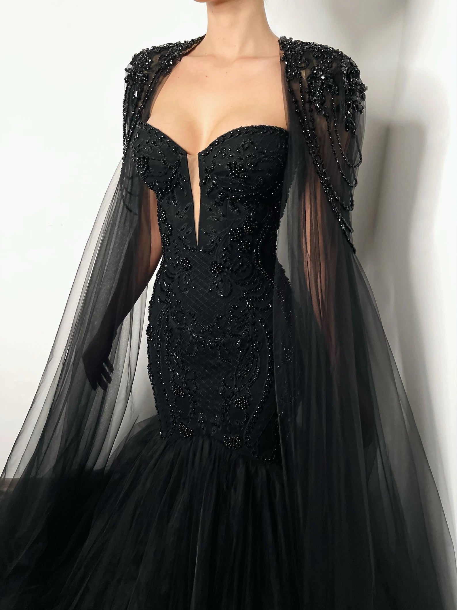 Black Beaded Strapless Mermaid Wedding Dress with SW554