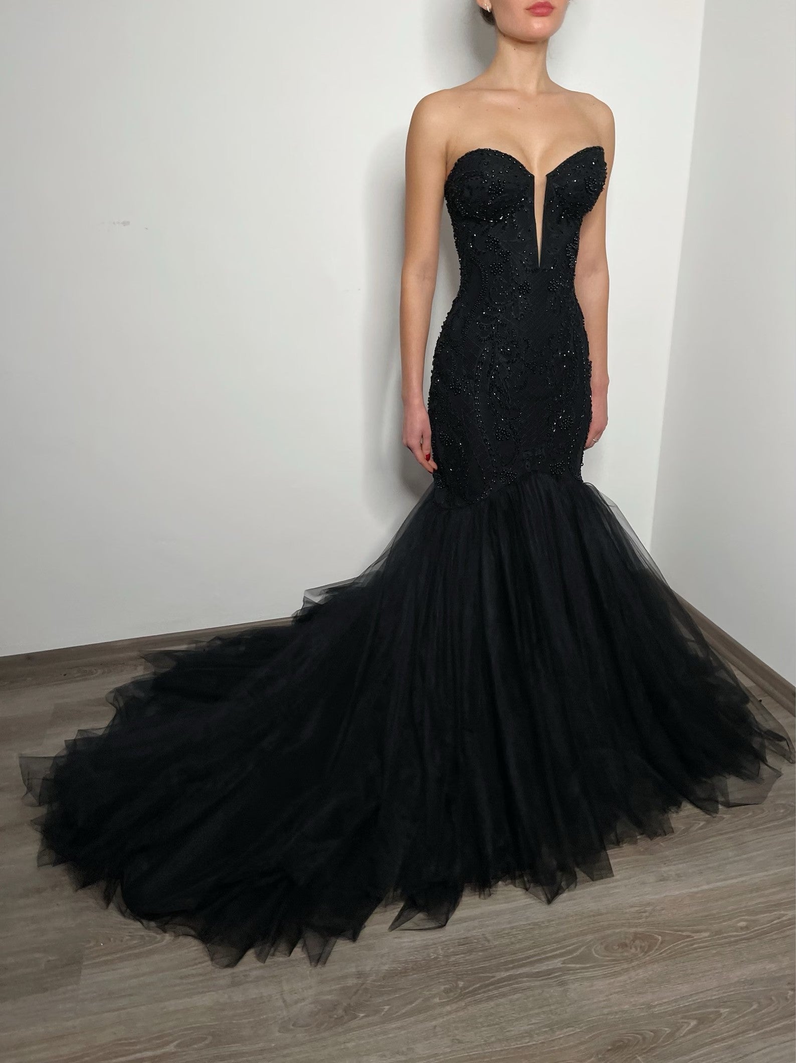 Black Beaded Strapless Mermaid Wedding Dress with SW554