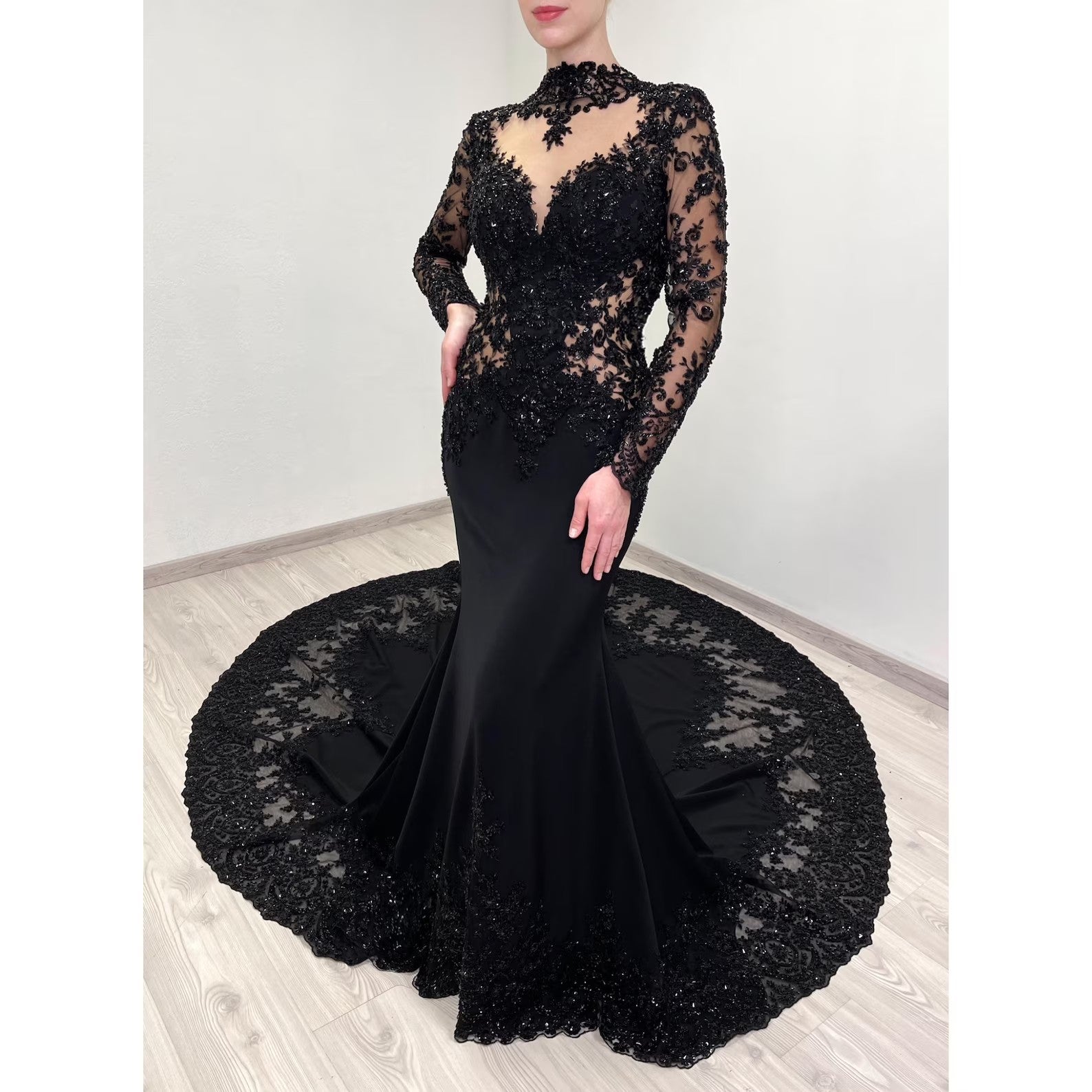 Black Gothic Beaded Lace Trumpet Wedding Dress with Long Sleeves SW555