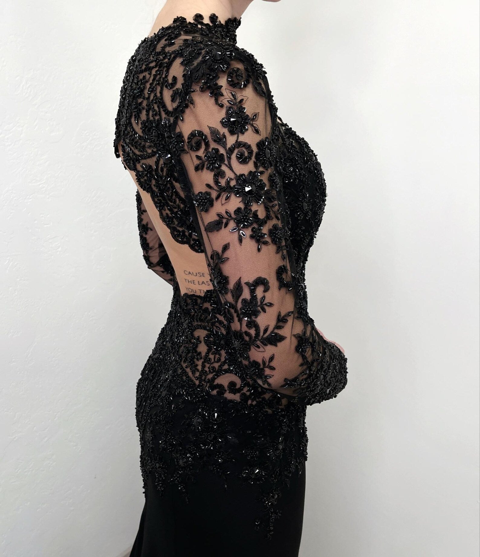 Black Gothic Beaded Lace Trumpet Wedding Dress with Long Sleeves SW555