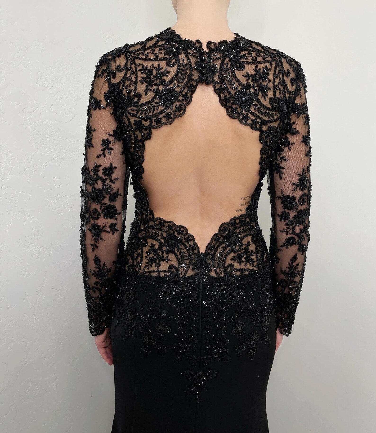 Black Gothic Beaded Lace Trumpet Wedding Dress with Long Sleeves SW555