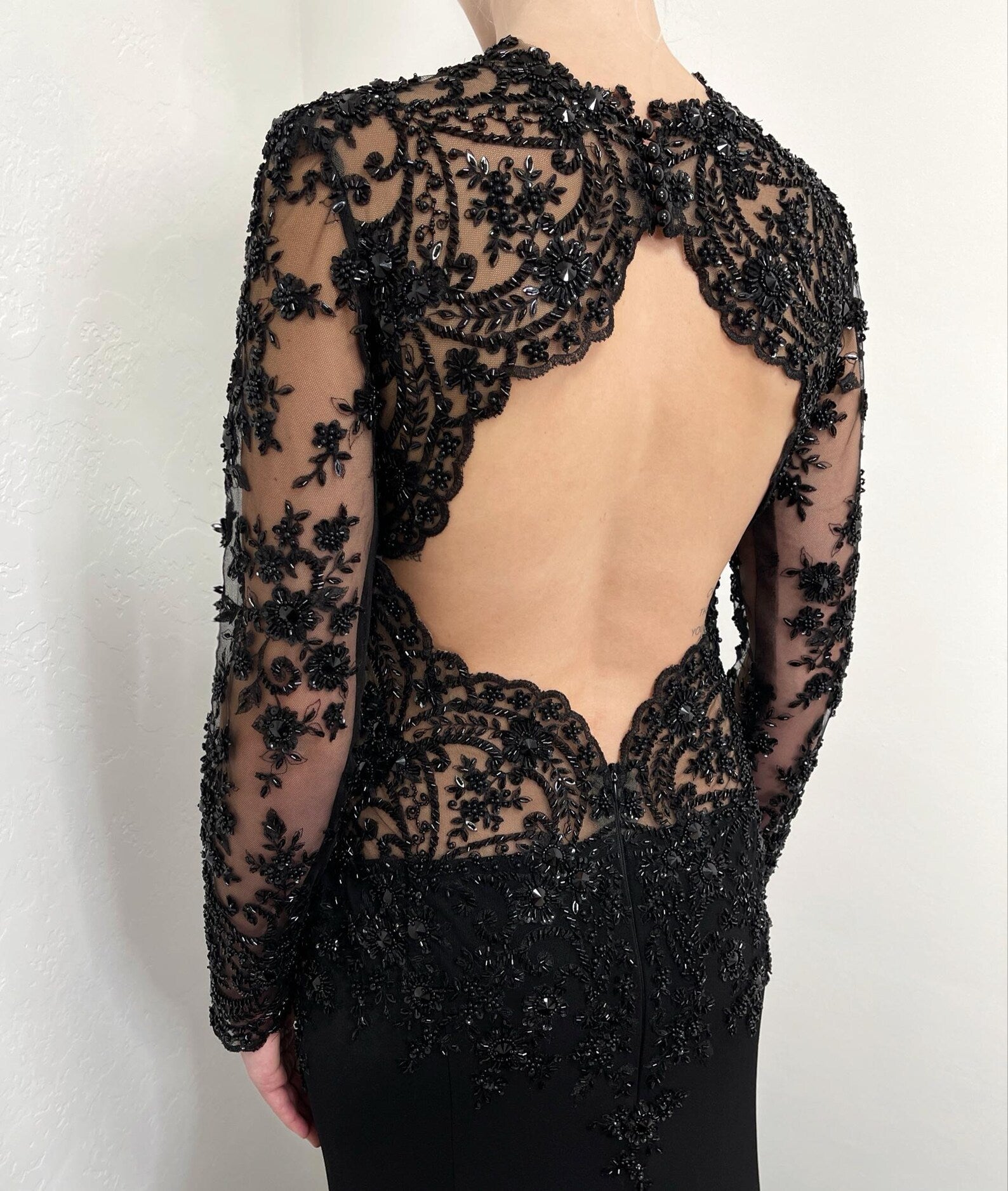 Black Gothic Beaded Lace Trumpet Wedding Dress with Long Sleeves SW555