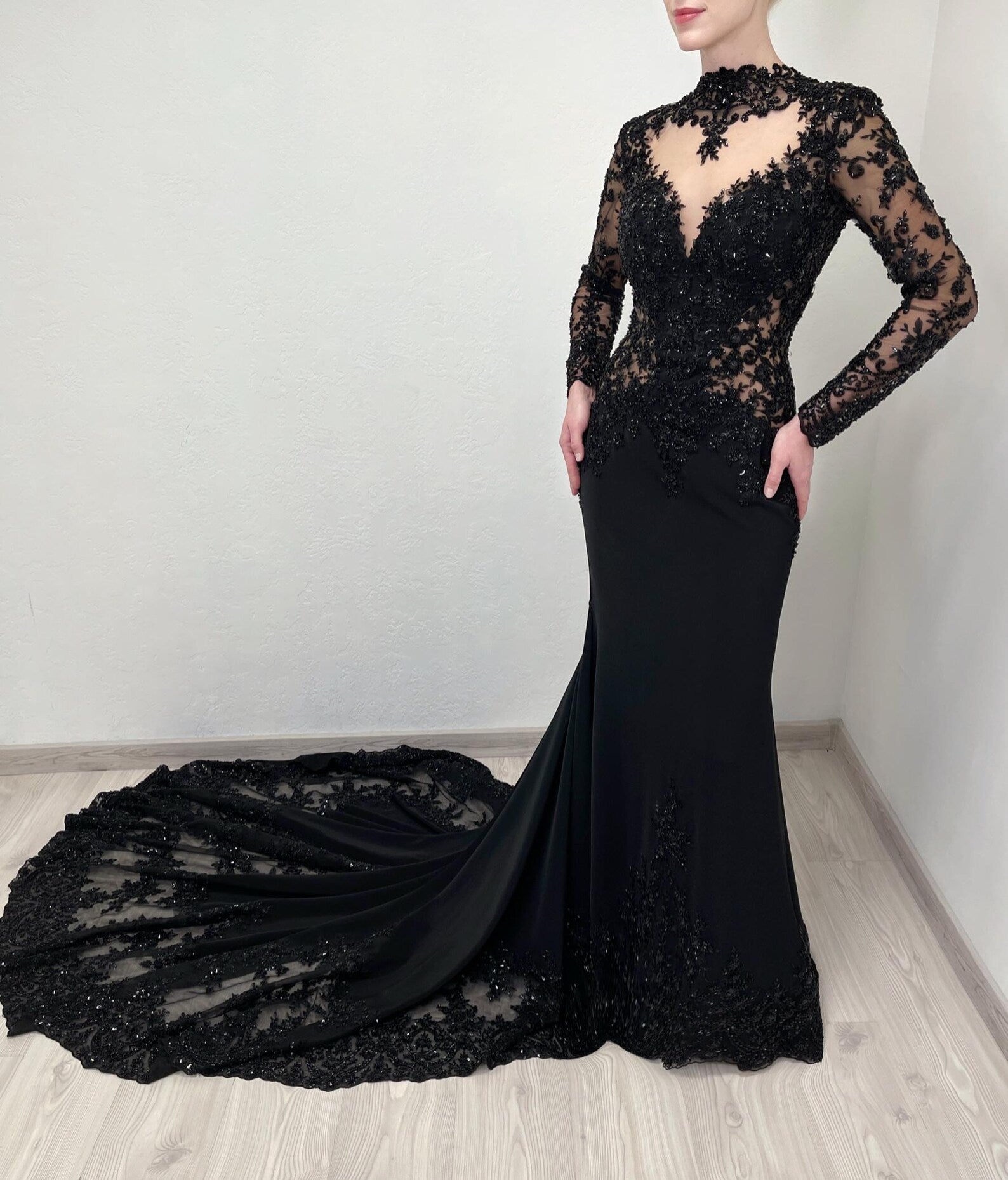 Black Gothic Beaded Lace Trumpet Wedding Dress with Long Sleeves SW555