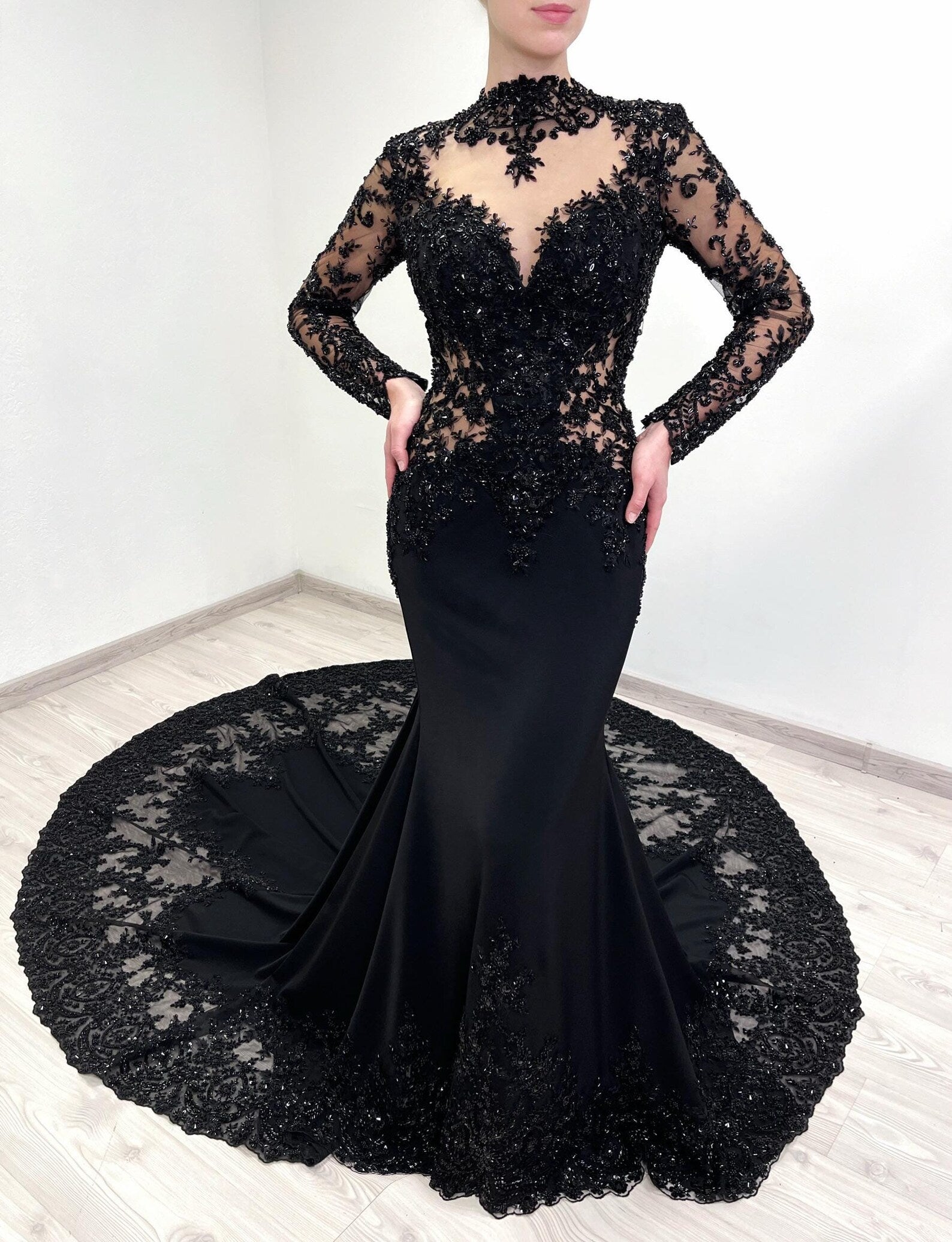 Black Gothic Beaded Lace Trumpet Wedding Dress with Long Sleeves SW555
