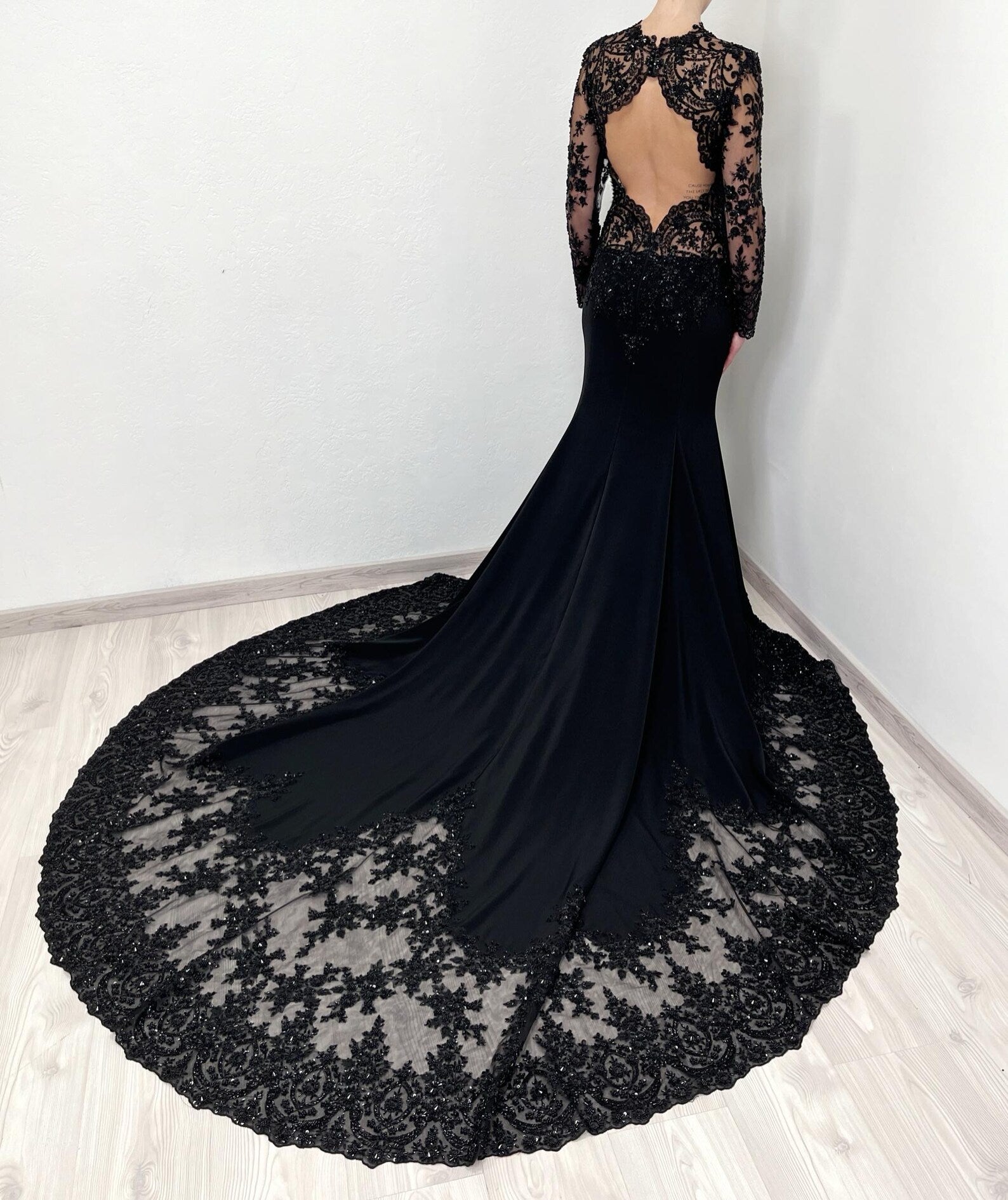 Black Gothic Beaded Lace Trumpet Wedding Dress with Long Sleeves SW555