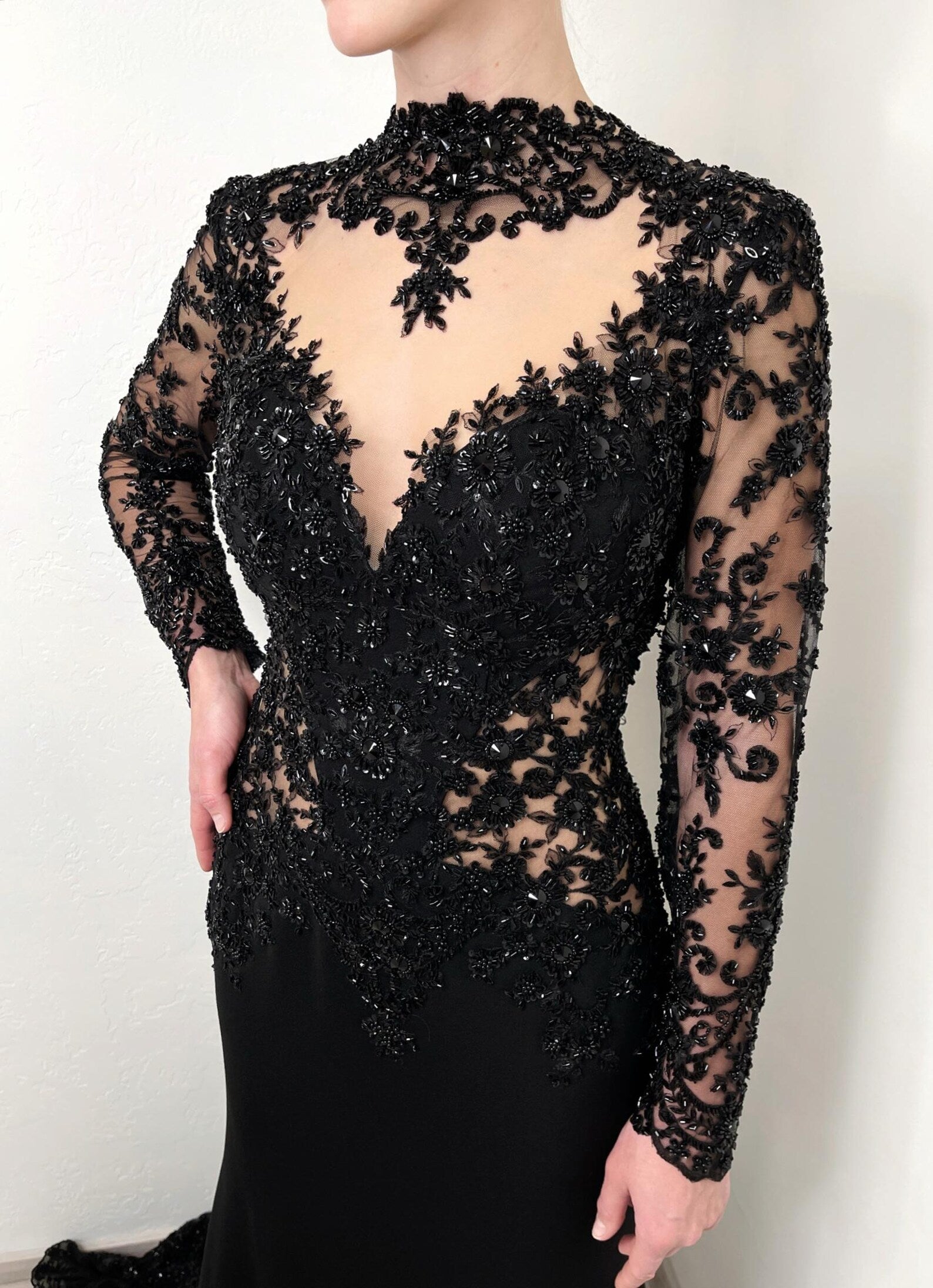 Black Gothic Beaded Lace Trumpet Wedding Dress with Long Sleeves SW555